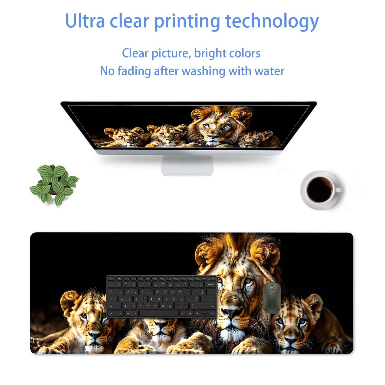 Nero Tappetino Mouse Gaming, Tappetino Mouse XXL 1200 x 500 mm, Tappetino Mouse Leone, Mouse Pad con Base Antiscivolo, Bordi Cuciti Tappetino per Mouse, Tappetino Mouse Gaming di Alta Precisione S-25