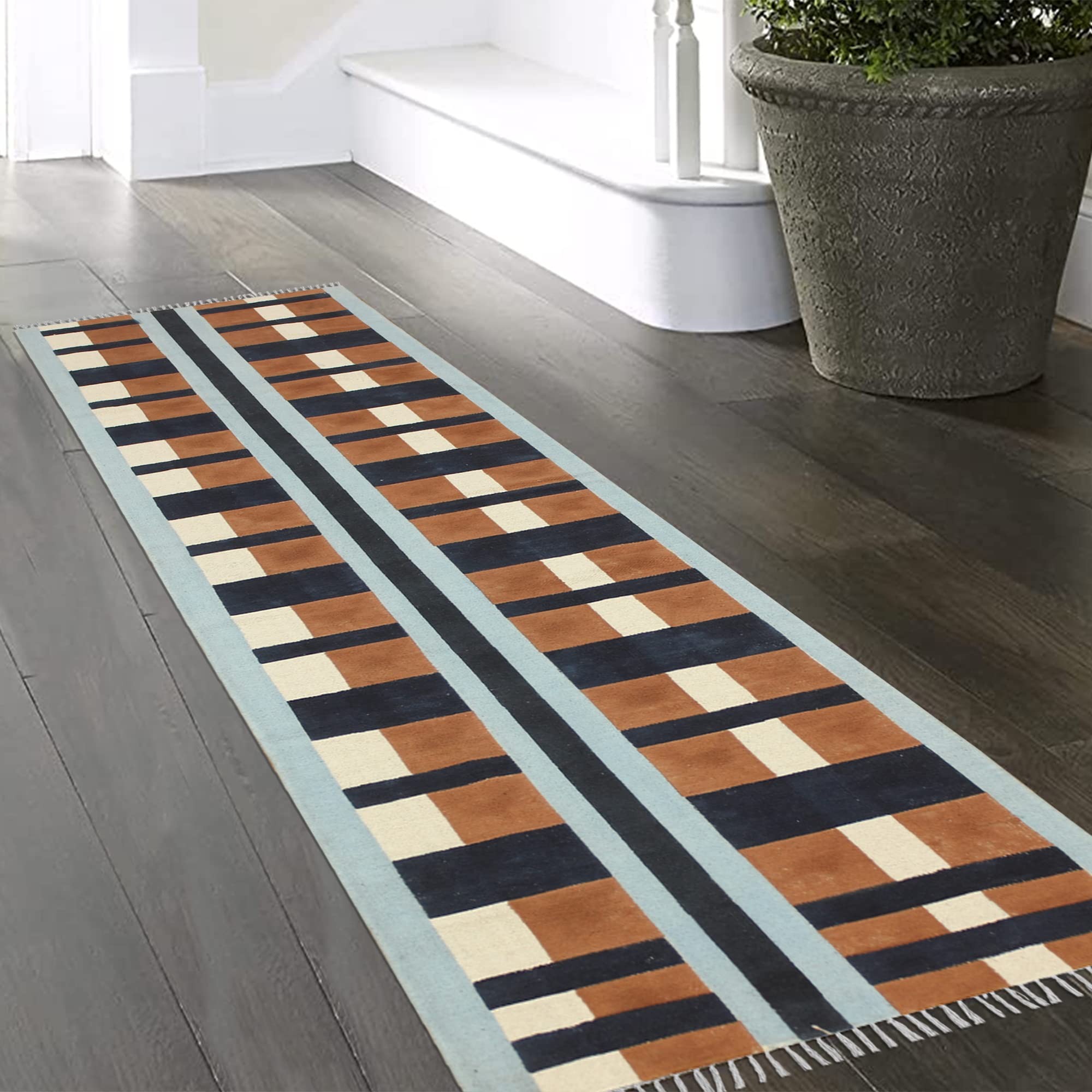 Tapis indien fait main coton 1.5x2.1m rayures décoration maison salon