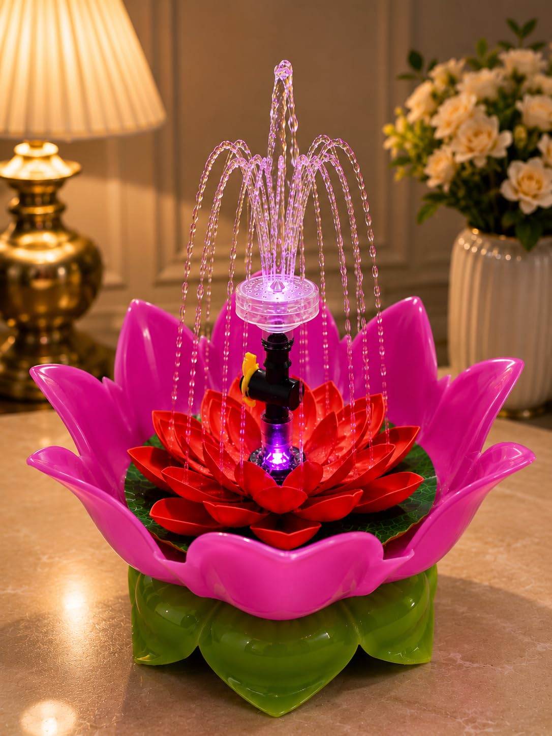 Lotus Water Fountain for Home Temple & Puja Room | Decorative Water Fountain with LED Light for Laddu Gopal Ji, Krishna, Radha & Other Hindu Deities | Religious Mandir Decor Item-image-13