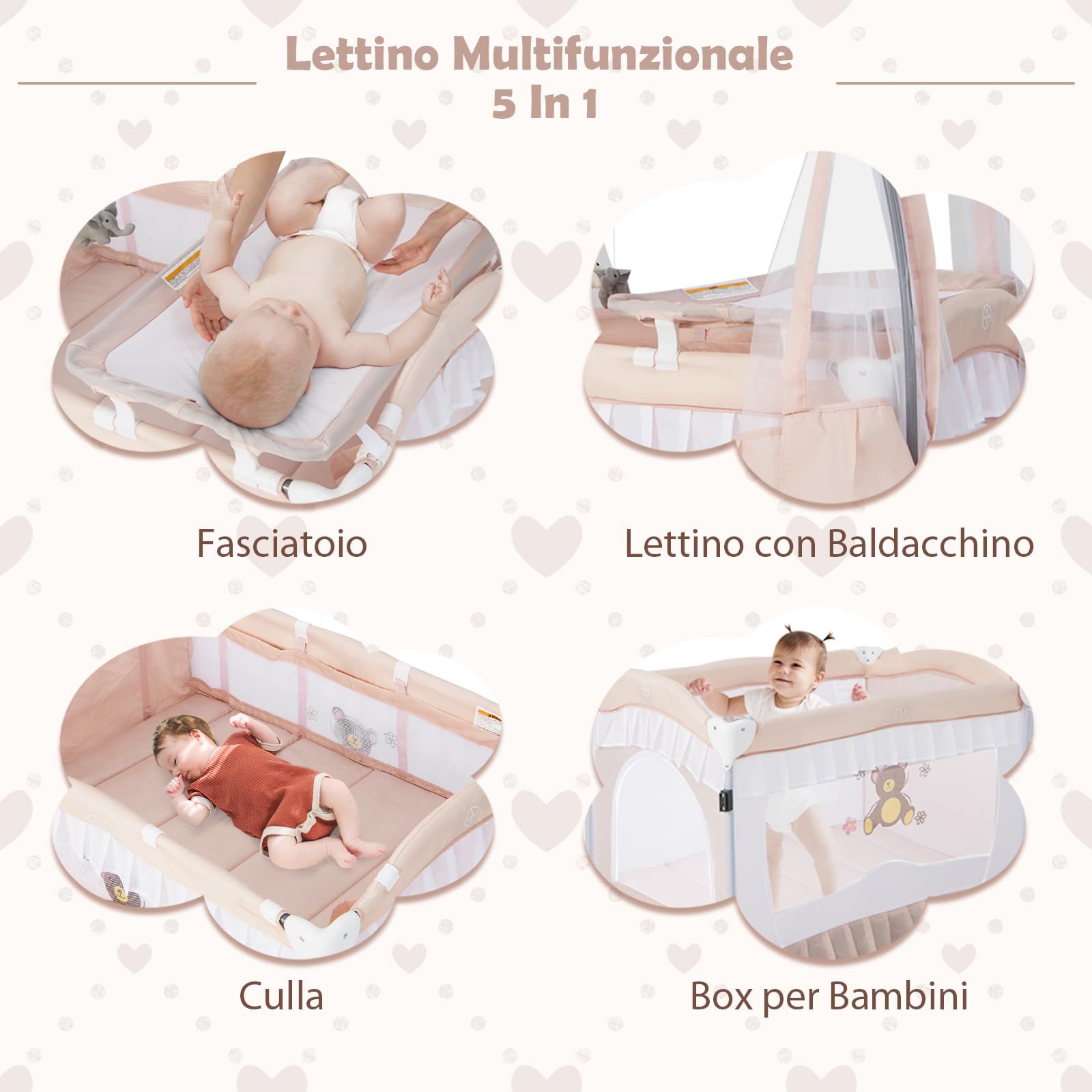RELAX4LIFE Lettino da Campeggio con Lusso Baldacchino Zanzariera, Culla Neonato Fianco Letto con Materasso e Carillon, Ruote Bloccabili, per Bambini 0-36 Mesi (Rosa)