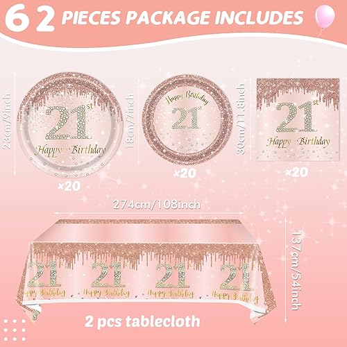 Miniatura 2 de 62 piezas de decoraciones de cumpleaños número 21 para niñas y ella, suministros de fiesta de cumpleaños de oro rosa incluyen 40 platos, 20