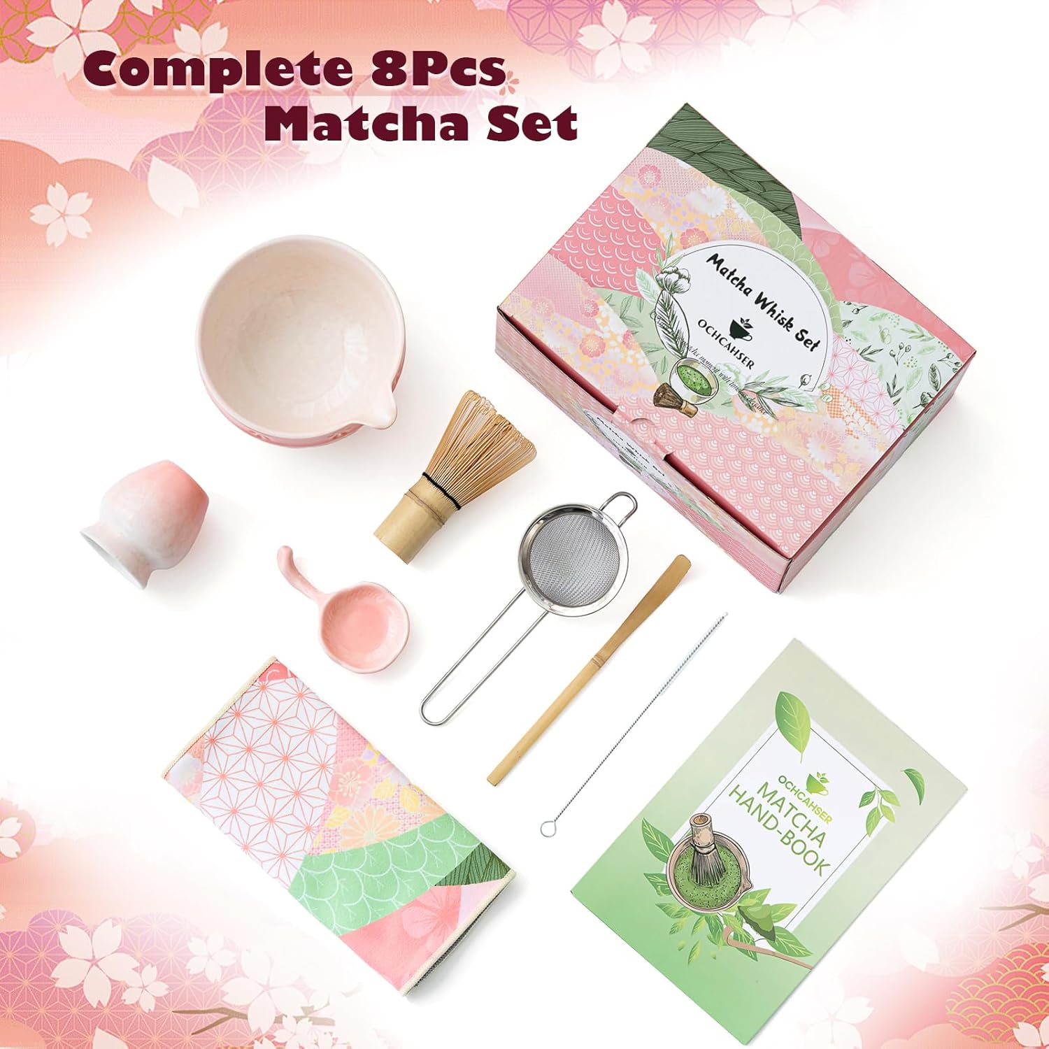 Matcha Tea Set, 8 Pcs Japanese Matcha Kit with Cherry Blossom and Wave Design Ceramic Bowl, Bamboo Whisk, Whisk Holder, Scoop, Sifter, Brush, Matcha Kit Set for Matcha Lovers (Pink Gradient) - Image 2