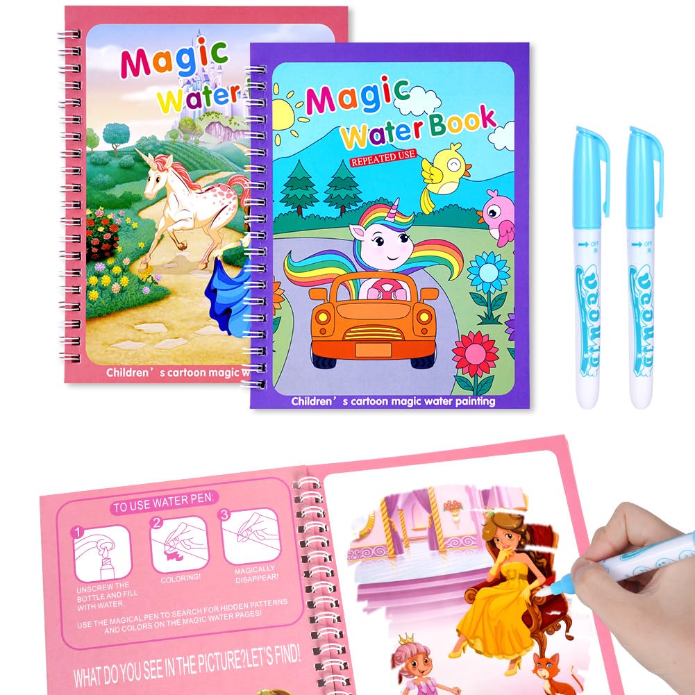 OSDUE Libro da Colorare ad Acqua, 2 Pezzi Libro di Pittura ad Acqua per Bambini, Libro da Colorare ad Acqua Magica con Penna, Bambini Istruzione Drawing Toy, Bambini in Viaggio Attività di Pittura