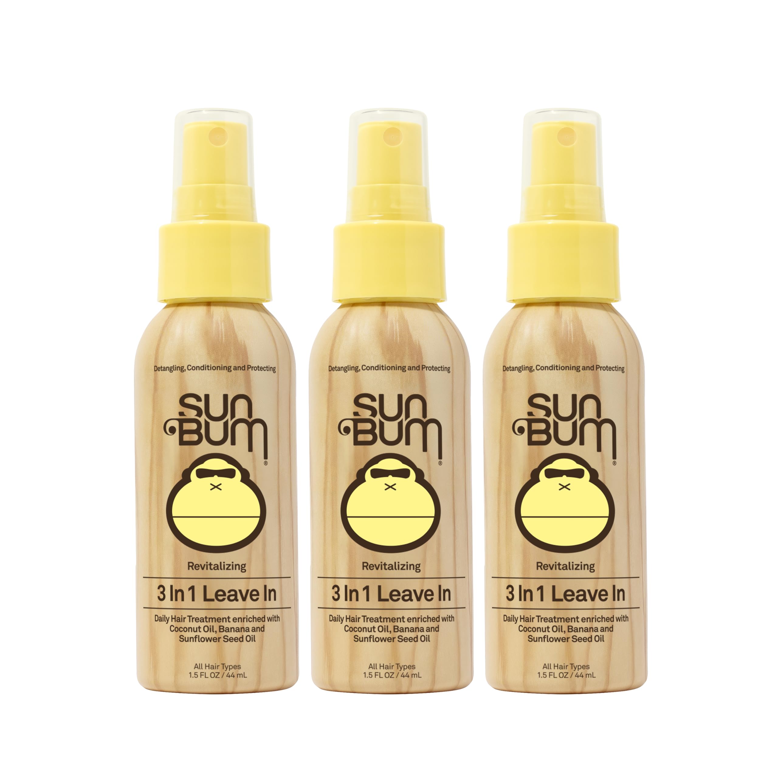 Sun Bum Revitalizing 3 in 1 Leave In Conditioner - Anti Frizz Detangler - Color Friendly with UV Protection - Enriched with Coconut Oil and Banana - Travel Friendly 1.5 oz (Pack of 3), 1.5 Fl Oz (Pack of 3)