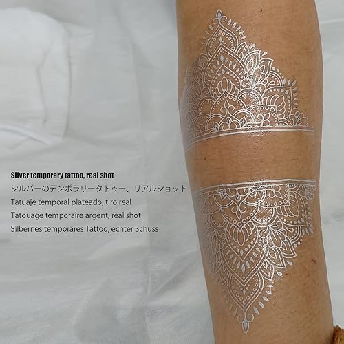 Miniatura 3 de Roarhowl Tatuajes temporales con destellos metálicos, oro, plata, adecuados para todos los tonos de piel (plateado 4)