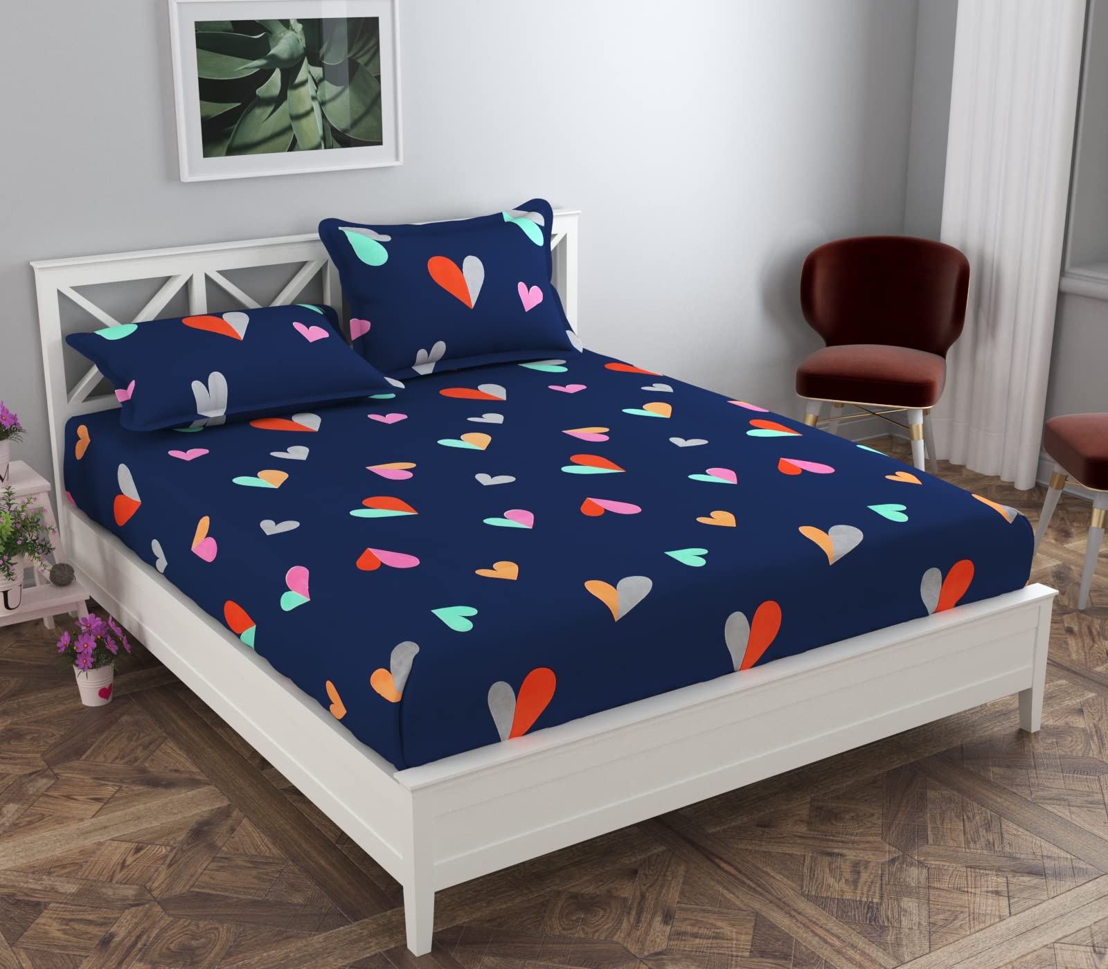 Luxury Trends Marino Print 160 TC 100% Cotton Double Bedsheet with 2 King Size Pillow Covers (90X90 Inches, Black and White Leaf with Flower)