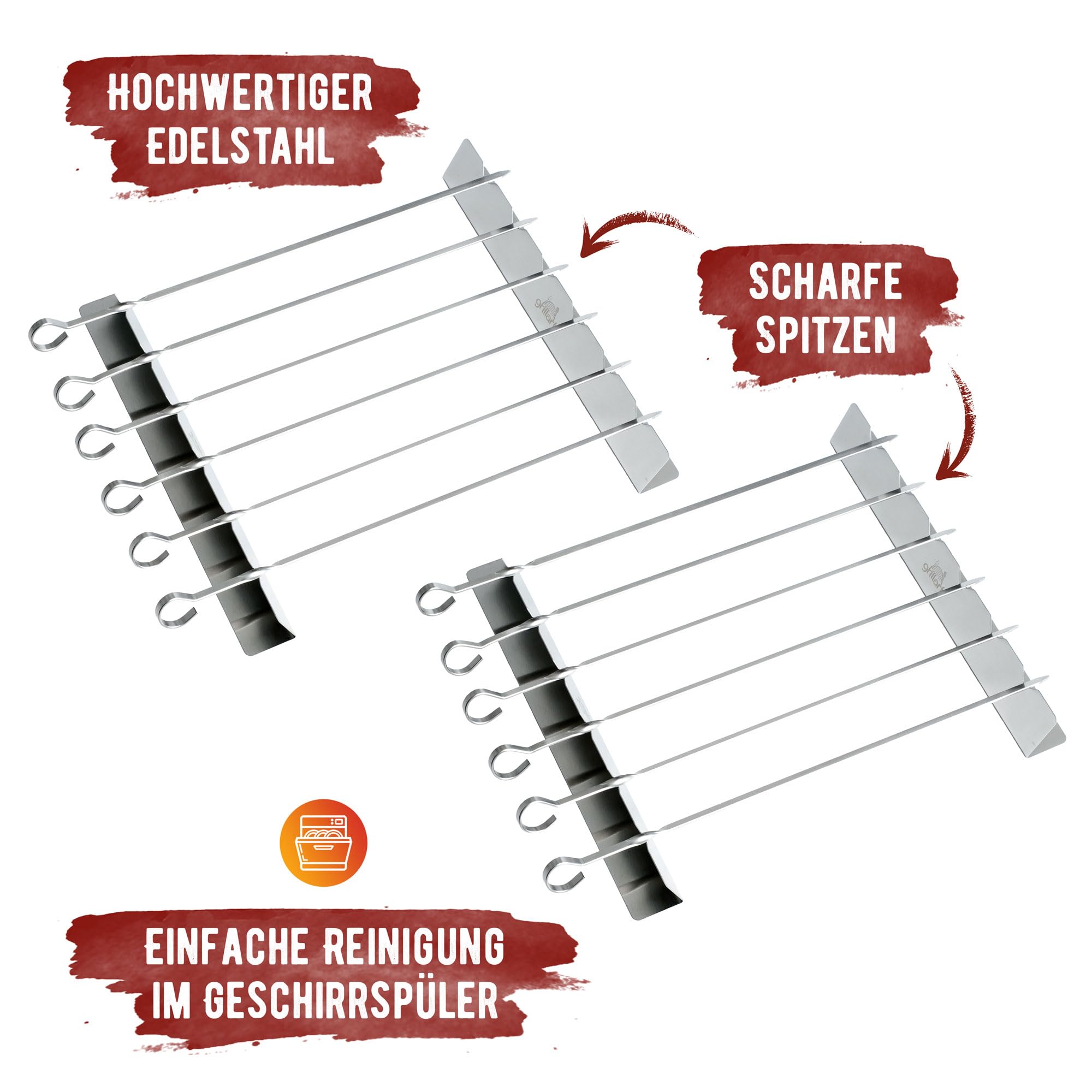 grillart® Spiedini di alta qualità in acciaio inox con struttura – Spiedini per barbecue di alta qualità con rotazione a 360° per una preparazione uniforme (confezione doppia, set shish kebab set)