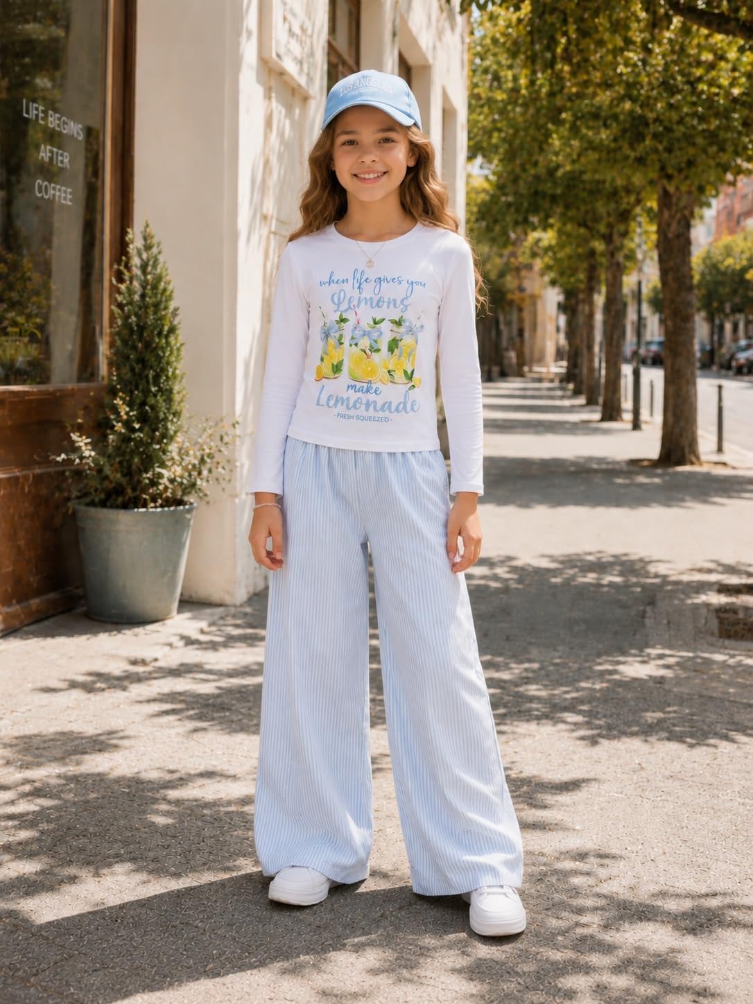 Yoxindax Tween Girls 2 Piece Outfit Butterfly Lemon Strawberry Print Short Sleeve & Plaid Pants Girls Clothes 6-12Y