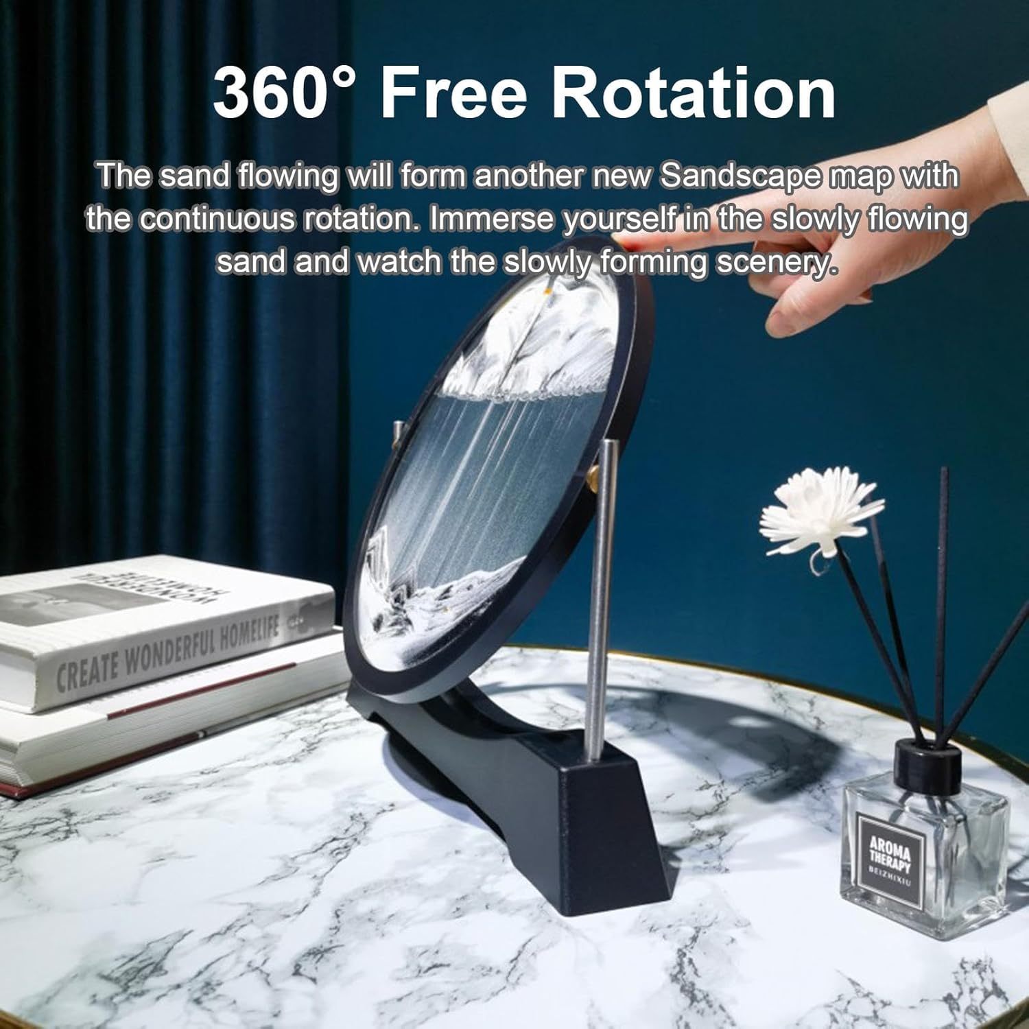 Moving Sand Art Picture, Sand Art Liquid Motion Picture, 360° Rotation Dynamic Sand Picture, Round Glass Quicksand Painting, for Desktop Home Office Decor,7in-Green
