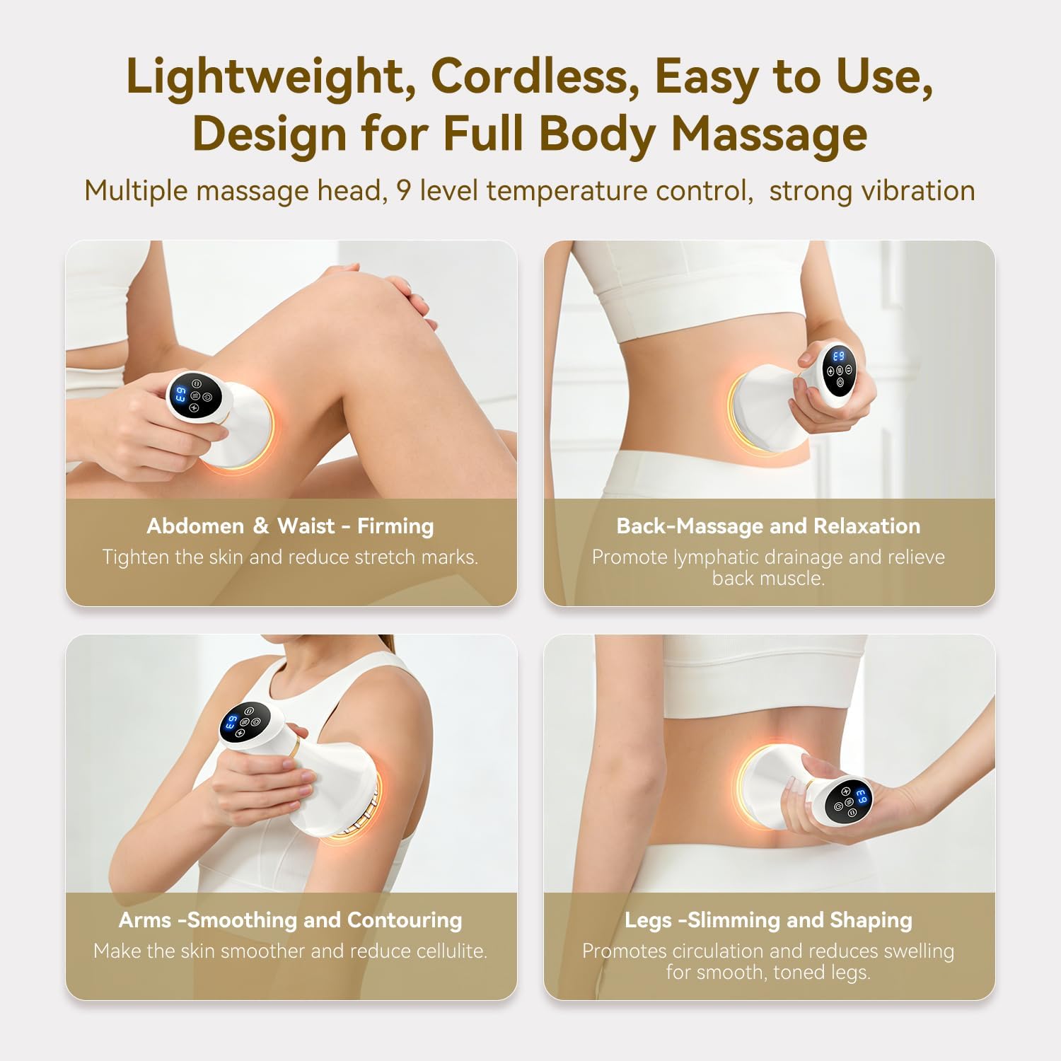Lymphatic Drainage Massager, Cordless Anti Cellulite Massage Tool,Helps Reduce Stretch Marks & Cellulite for Abdomen, Arms & Legs, Body Sculpting Machine with Microcurrent, Red Light, Heat & Vibration
