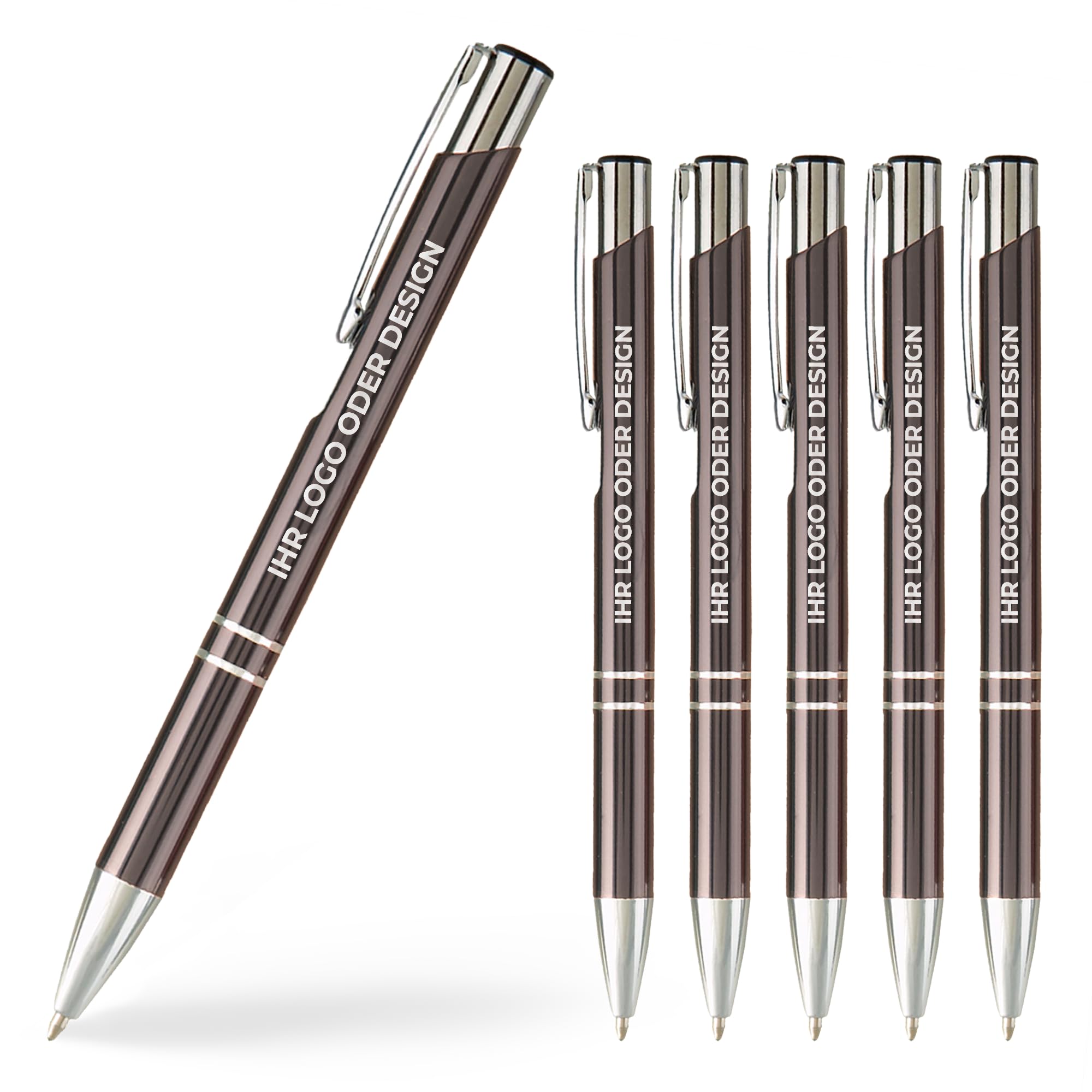 Cimpress Kugelschreiber mit Gravur, Aluminiumgehäuse, blaue Tinte, Personalisierter Stift mit Textgravur, ideal als Werbeartikel oder Firmengeschenk, 100 Stück, Dunkelgrau