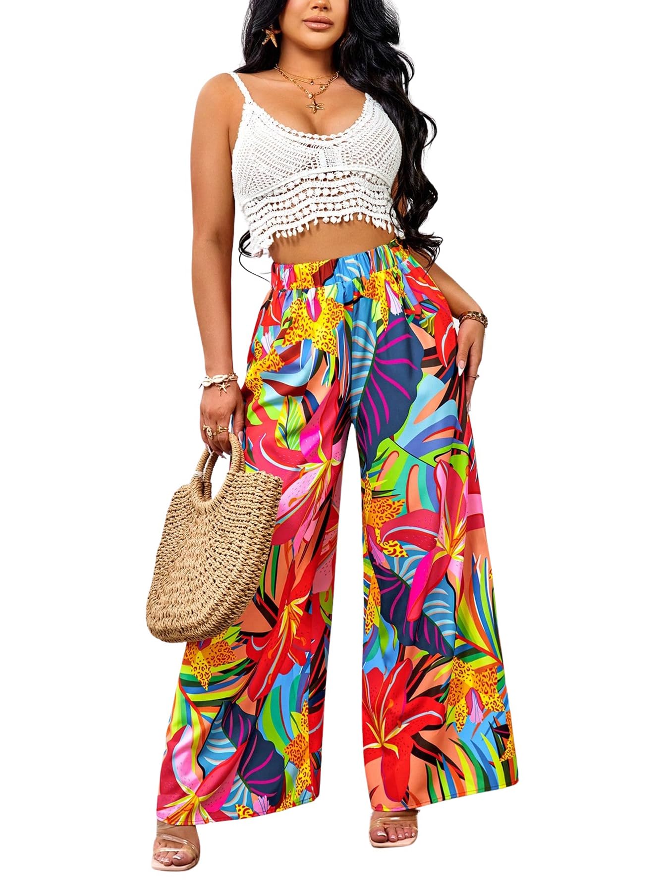 Floerns Womens Tropical Print High Elastic Waist Wide Leg Beach Palazzo Pants