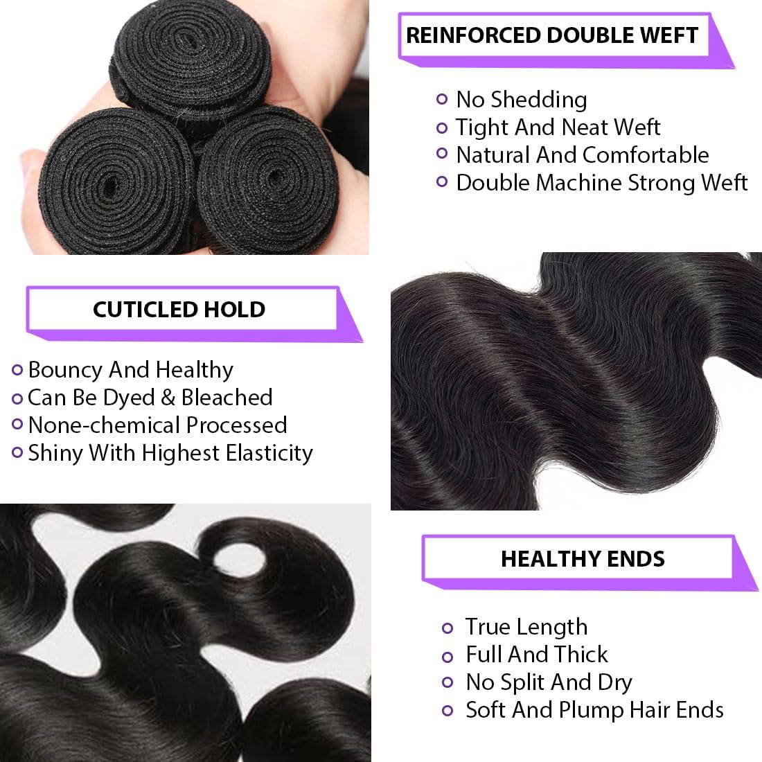 Human Hair Bundles Body Wave 12A Human Hair 3 Bundles 26 28 30 Inch Quick Weave Unprocessed Brazilian Virgin Sew in Weave Bundle Natural Black Full and Thick Wavy Real Human Hair for Women