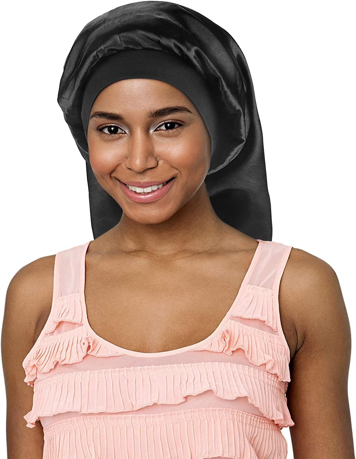 CACASO Long Satin Bonnet Sleep Cap,Black Extra Large Silk Bonnet for Natural Hair, Bonnets for Women Night Sleep,Wide Elastic Band, Very Soft & Comfortable