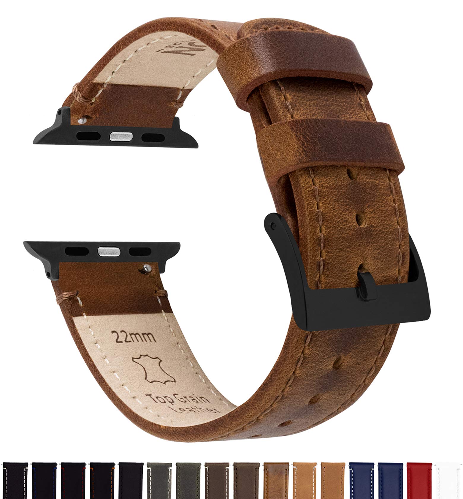 Barton Leather Watch Band (22mm) | Genuine Top Grain Leather Strap with Quick Release Black PVD Buckle | Compatible with Classic & Smart Watches | Comfortable, Durable, Stylish, Waterproof - Caramel Tan