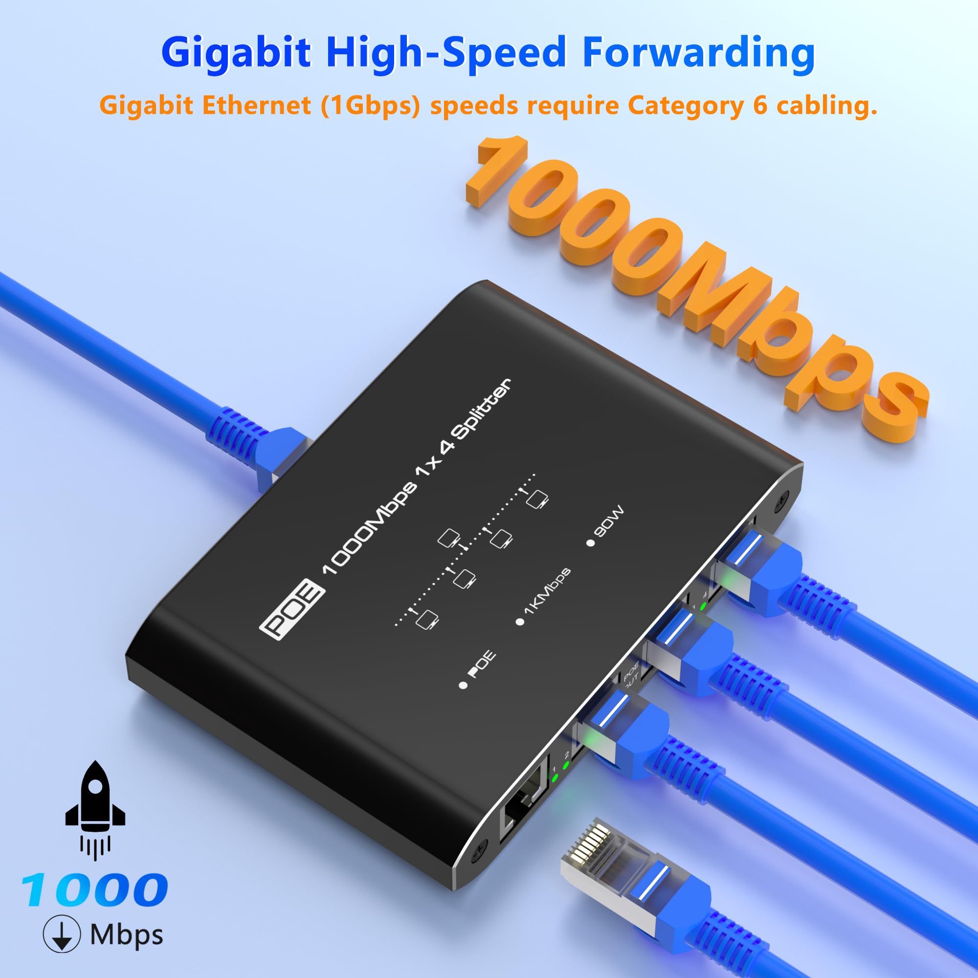Répartiteur PoE 1 entrée 4 sorties, commutateur PoE Gigabit 4 ports, conforme à la norme IEEE 802.3at/af, hub d'alimentation par port 30 W par port pour caméras IP/téléphones APVoIP (100 m