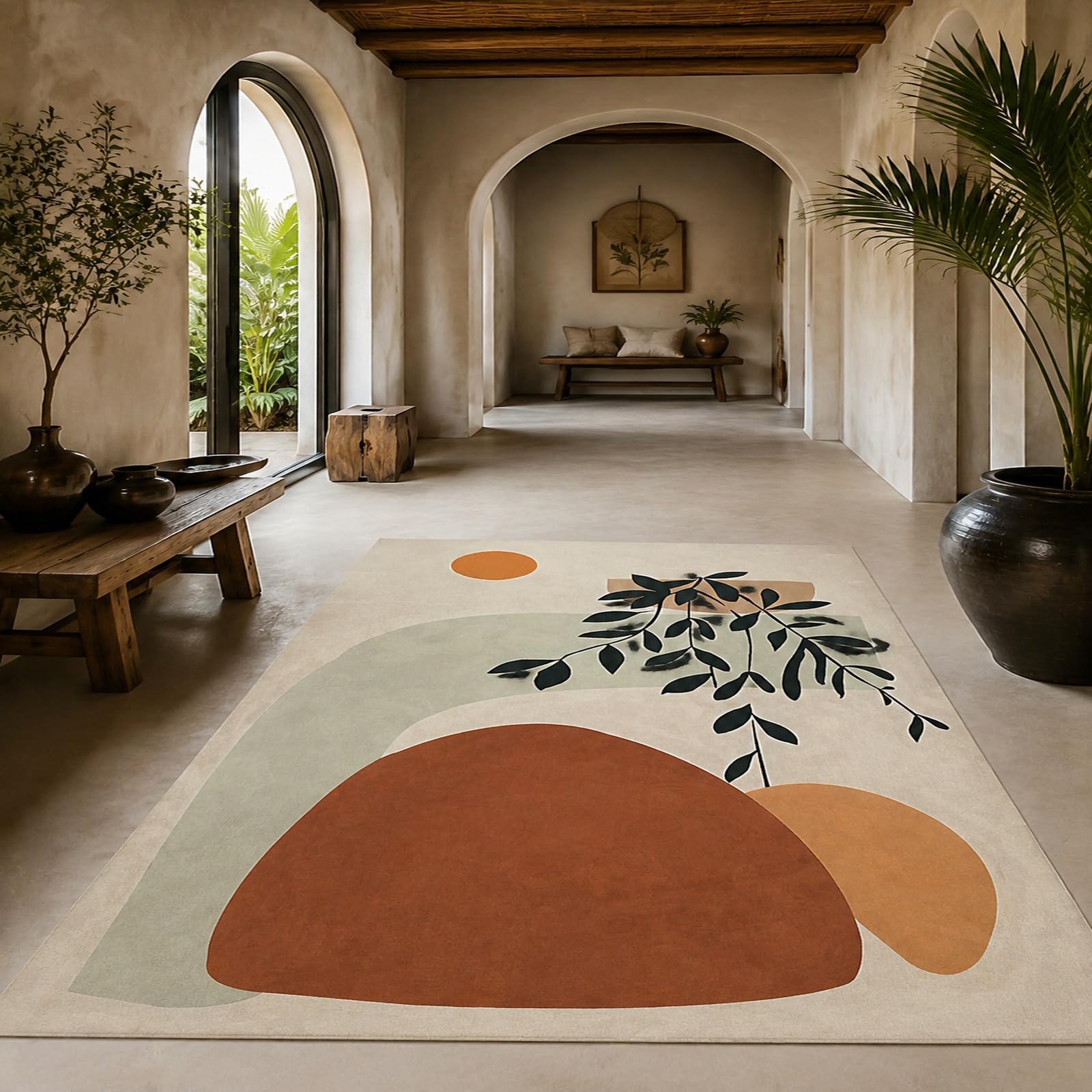 Tapis sous Chaises Salle à Manger, 140 x 180 cm, Abstrait Moderne Beige Marron Orange Noir Vert, Tapis Decoration pour Table Basse Salon, Meubles Cuisine, Facile à Nettoyer,