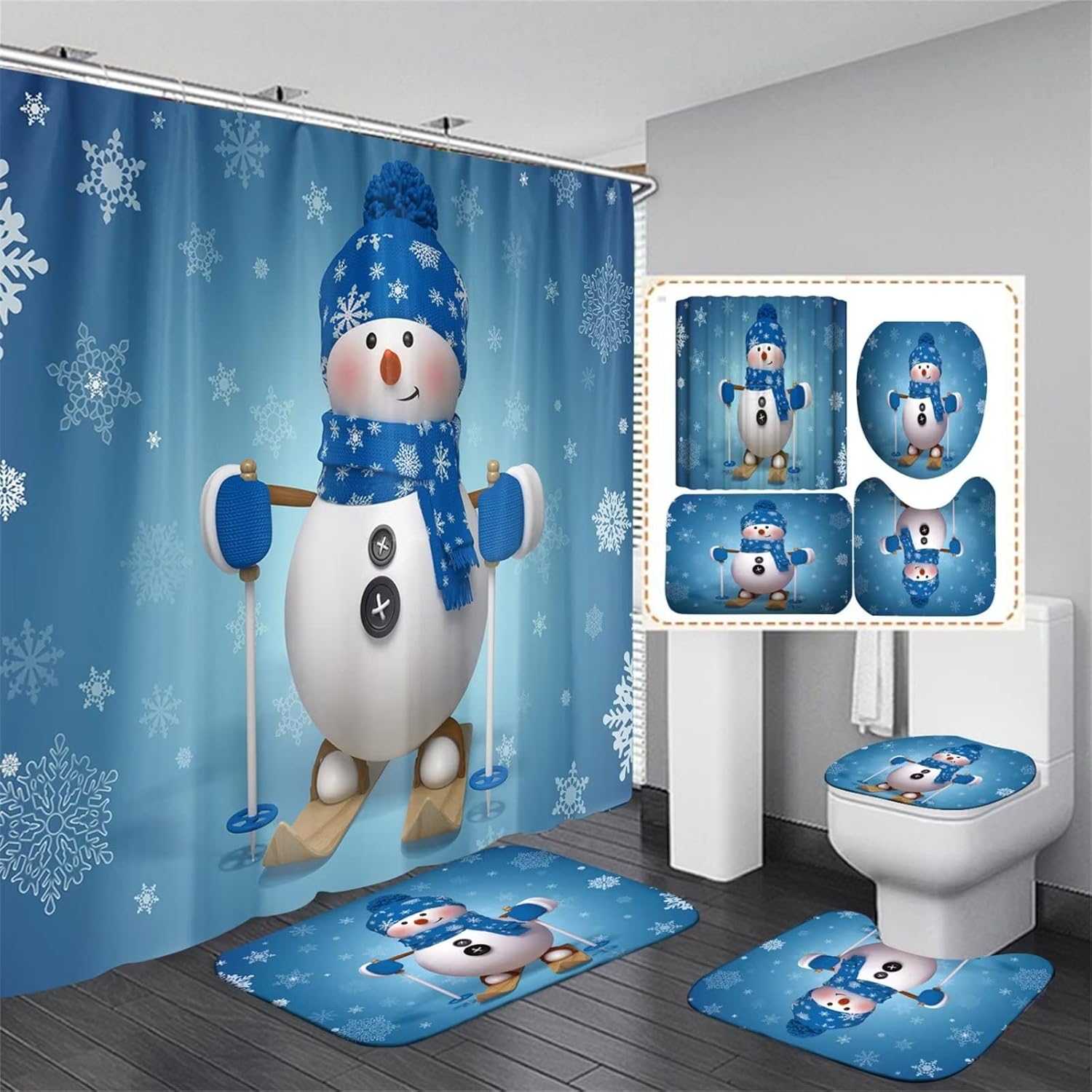 4Pcs Christmas Snowman Shower Curtain Sets Winter Snowflake