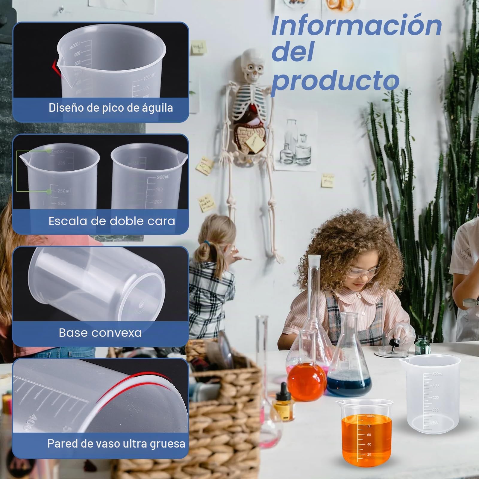 Juego de 10 vasos medidores de laboratorio 25/50/100/150/200/250/300/500 ml de plástico con 2 tubos de centrífuga para mediciones diarias de laboratorio