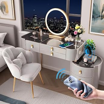 Dressing Table with Adjustable LED Lighting Dressing Table with Mirror 3 Adjustable Brightnesses Modern Cosmetic Table with 5 Drawers Grey - Gold Legs - 02 100 cm