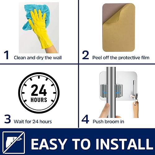 Miniatura 5 de Soporte para escoba de fregona sin taladro, paquete de 2 organizadores de escobas para trapeador con ganchos, agarrador de fregona montado en la