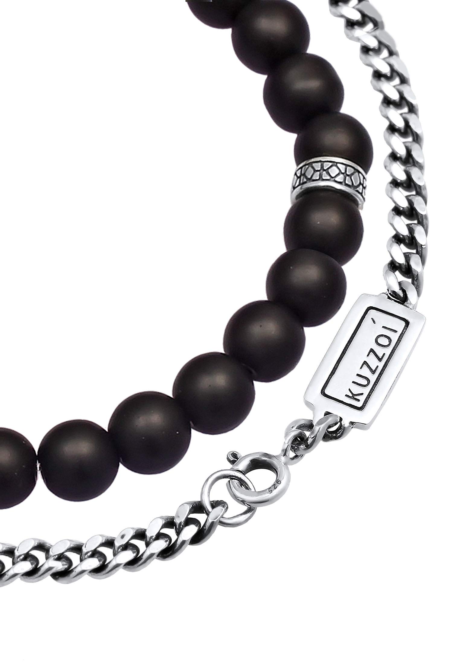 Kuzzoi Herren Armband Set bestehend aus einem elastischen Onyx Edelstein | Armband mit Silber Beads und einem Panzerarmband 925 Silber oxidiert Länge 19-21 cm