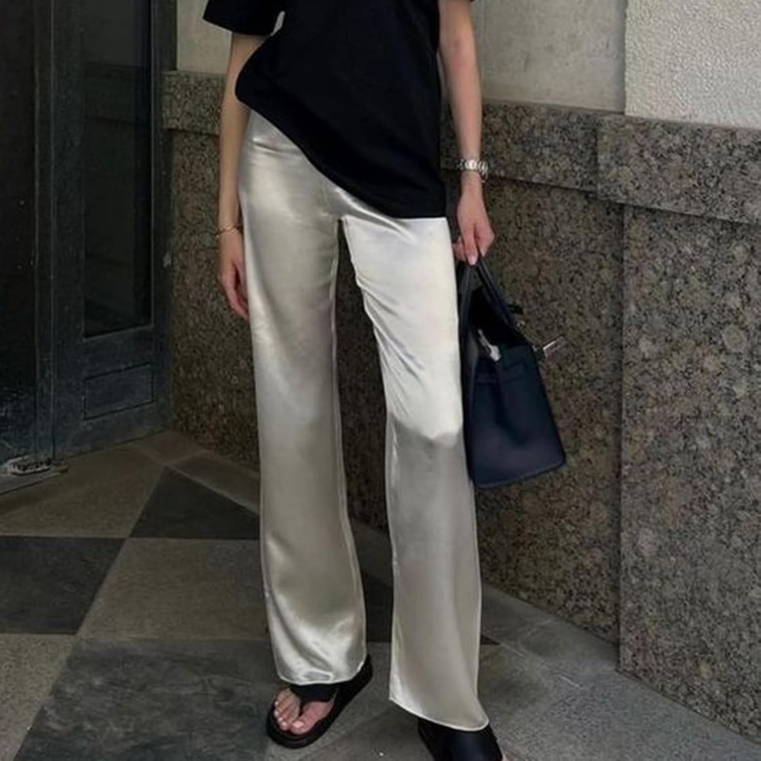 Women Y2K Satin Wide Leg Pants Casual Elastic High Waist Solid Loose Fit Lounge Pants Office Ladies Work Trousers - Image 3