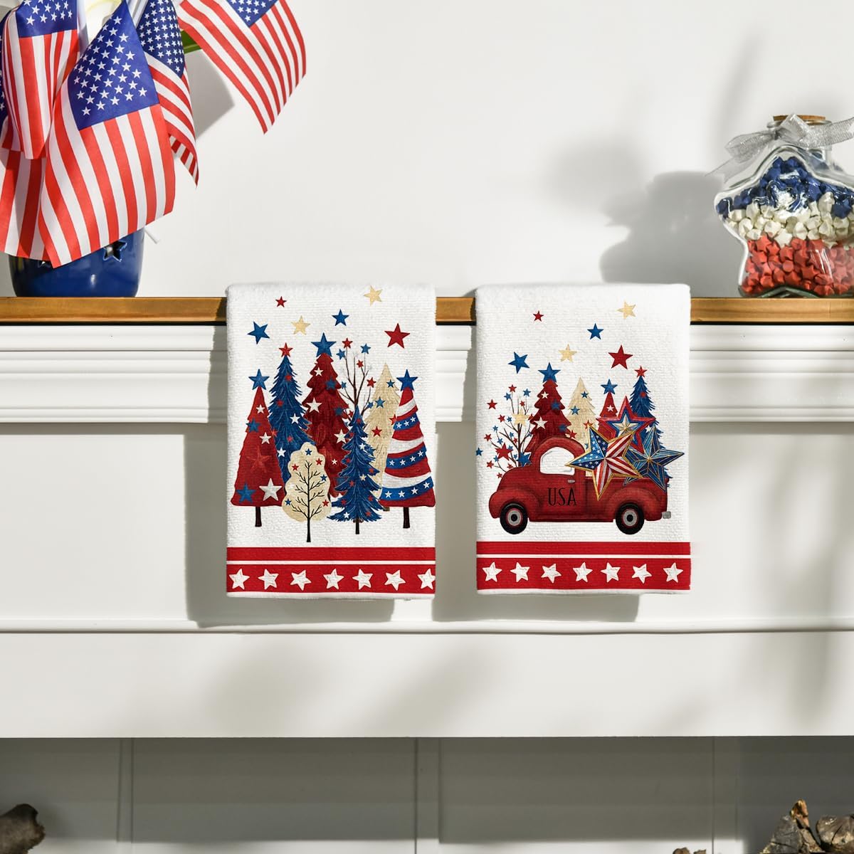 Artoid Mode Stripes Star Tree Truck 4th of July Kitchen Towels Dish Towels, 18x26 Inch Independence Day Decoration Cleaning Set of 2