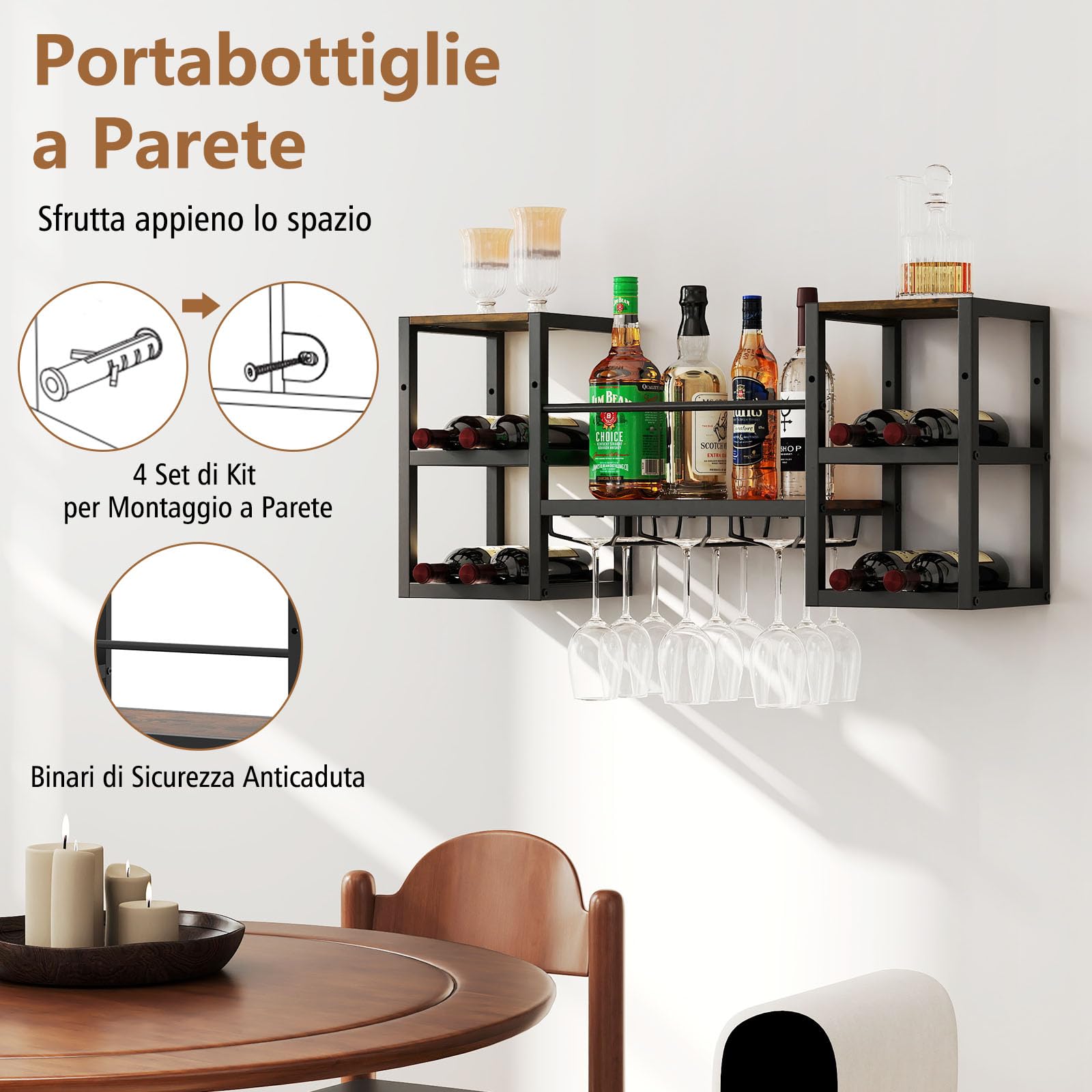RELAX4LIFE Scaffale da Parete per Vini, Portabottiglie Sospeso con Portabicchieri, Ripiani Aperti, Struttura in Metallo, Stile Industriale, per Cucina, Bar, Sala da Pranzo, 89 x 25 x 40 cm
