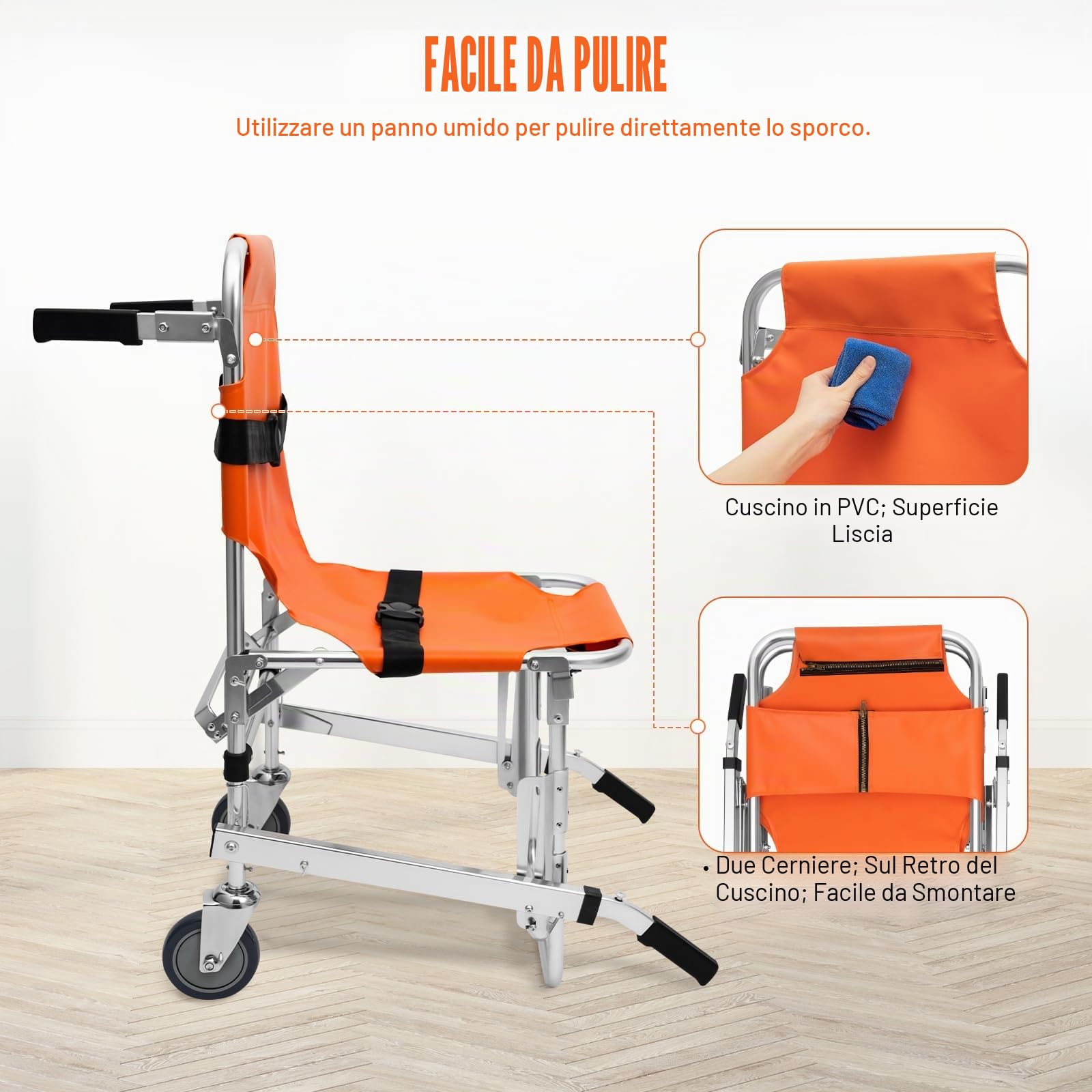 Sedia per scale, 159 kg, design salvaspazio, portatile, pieghevole, in PVC, arancione, con rinforzo in tubo a U e ruota in gomma, per ospedali, centri di emergenza, vigili del fuoco