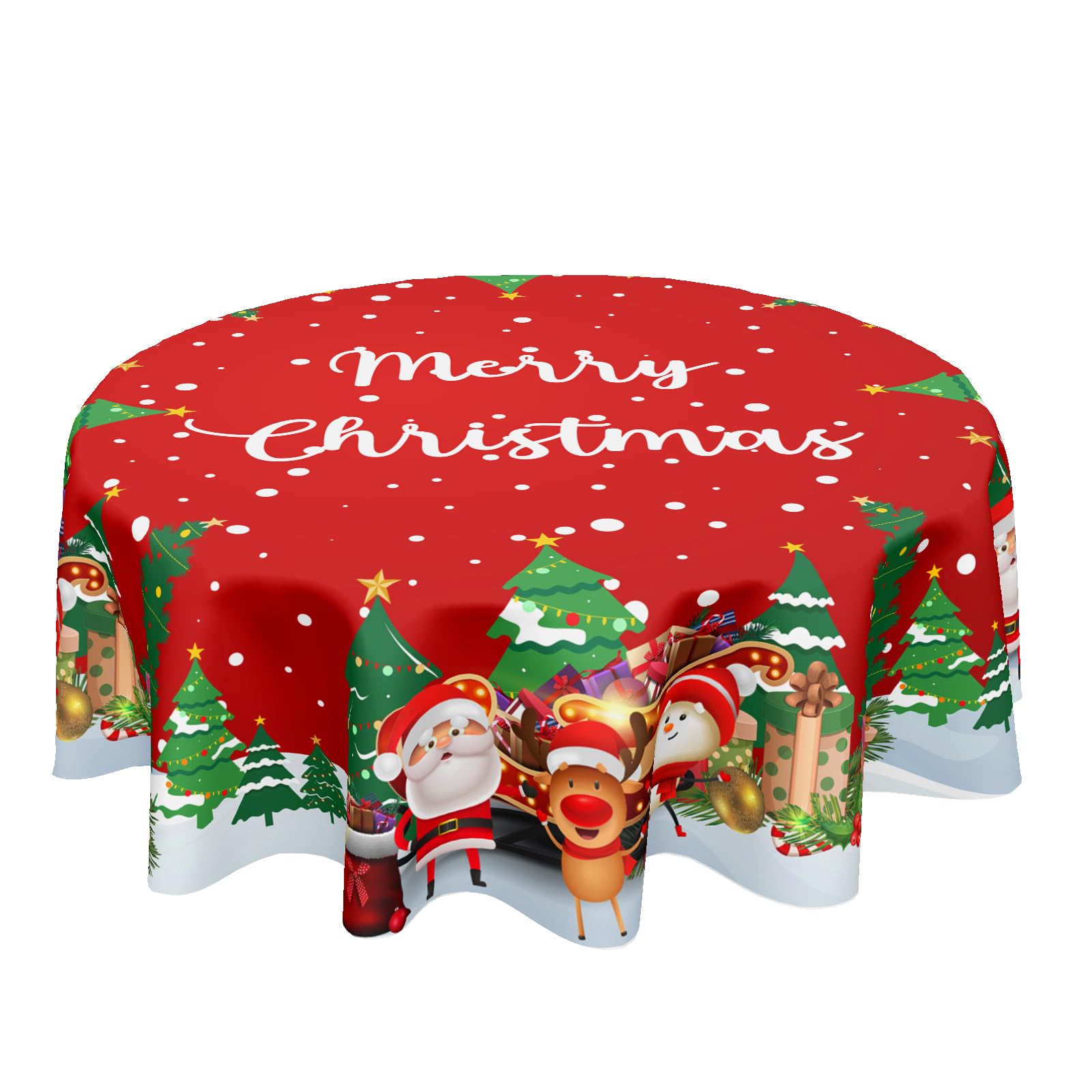 FJQWKLF Merry Christmas Tablecloth Round 60 Inch Santa Snowman Tablecloth Reindeer Table Cloth Snowflakes Red Table Cloth for Holiday Party Outdoor Dining Room Home Christmas Decorations