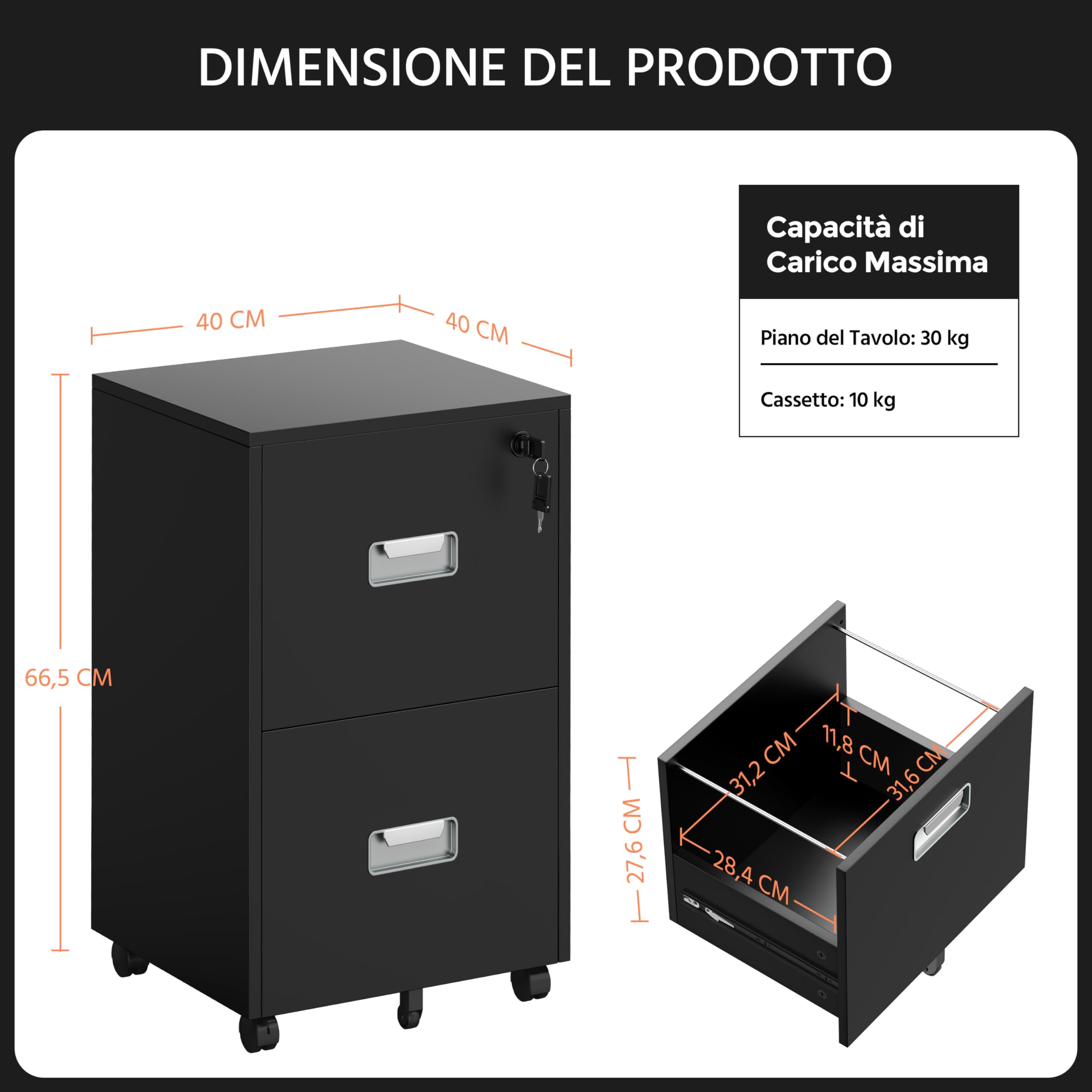 Cassettiera da Ufficio con Cassetti Salvaspazio Mobiletto da Ufficio con Rotelle Portadocumenti per Documenti Formato A4 e Lettera Studio in Legno e Metallo Nero