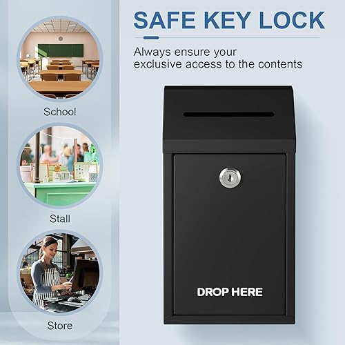 Miniatura 6 de Caja de metal con cierre seguro para dinero con montaje en pared, caja de recolección de donaciones con agujeros preperforados y ranura grande para
