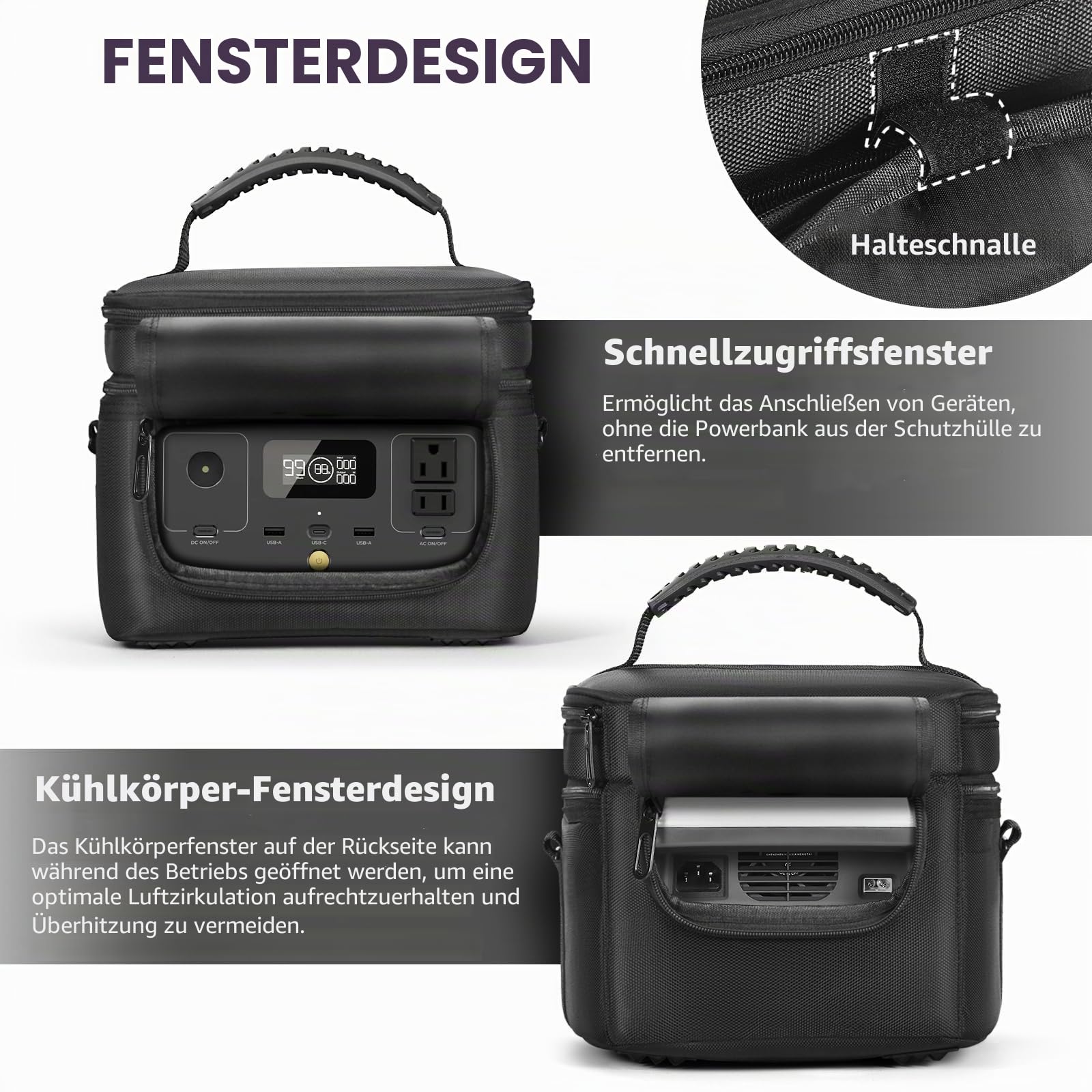 Generator-Tragetasche für ECOFLOW River 2 (256 Wh), zweilagig mit Schnellzugriff und Luftstrom-Reißverschlussfenstern, Schwarz