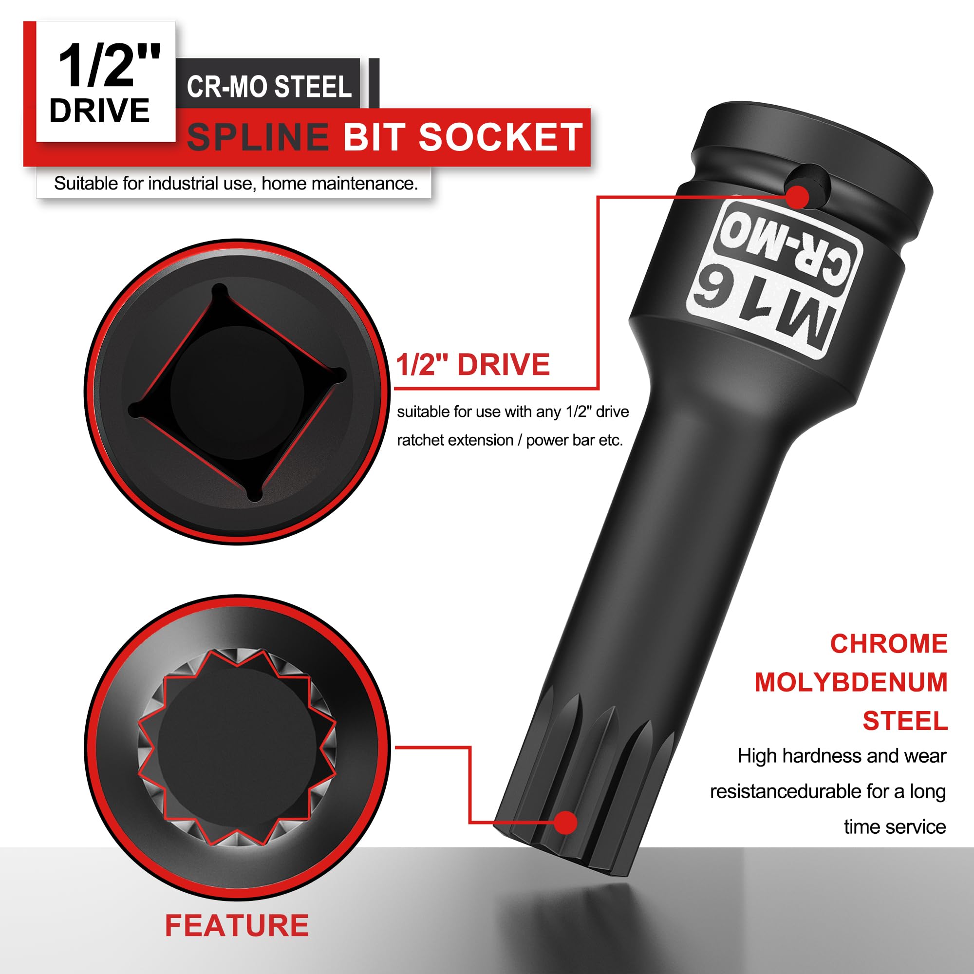 KIRXST Impact Triple Square Spline Bit Socket, 1/2" Drive M16 Spline Bit Socket, CR-MO Steel, 1/2" M16 Deep - Image 3