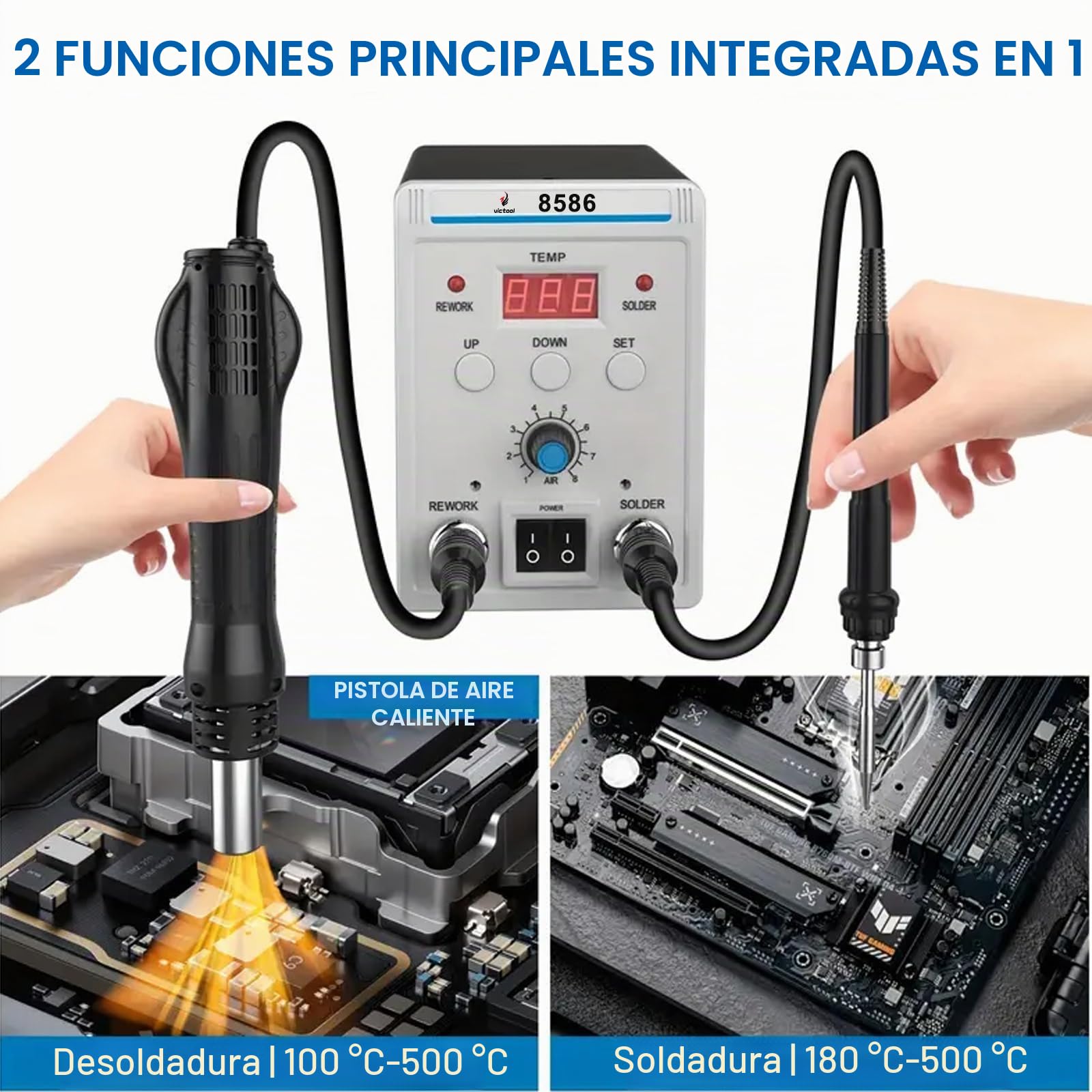Estación de Soldadura 2 en 1, Juego de Soldador de Aire Caliente con 3 Boquillas de Aire, Temperatura Ajustable de 200 a 480 °C, Pantalla Digital, Profesional para Reparación Electrónica
