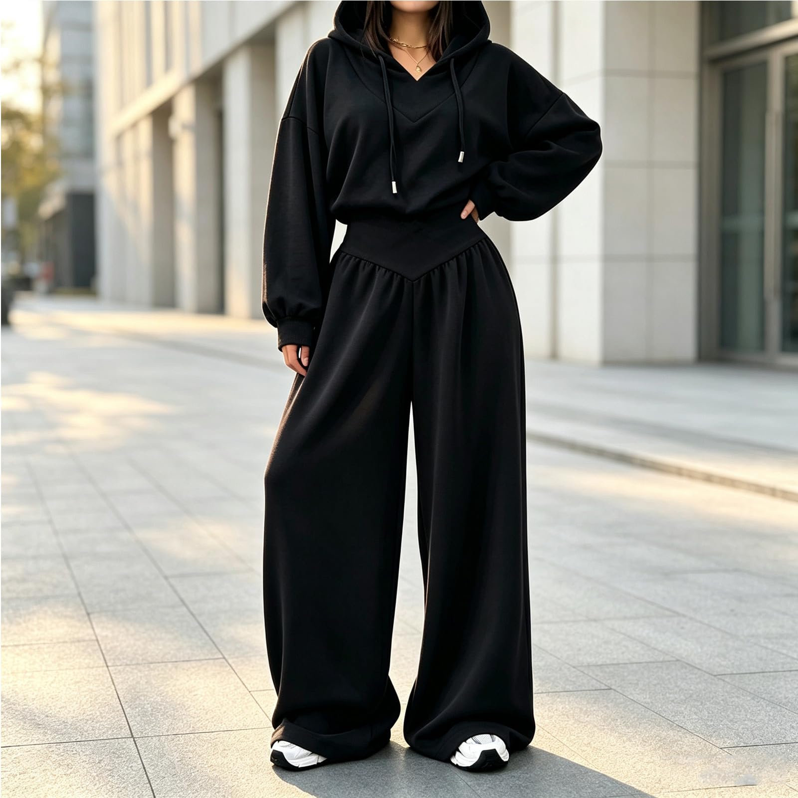 Taglie Forti Due Pezzi Completo Donna Casual Matching Set con Cappuccio
