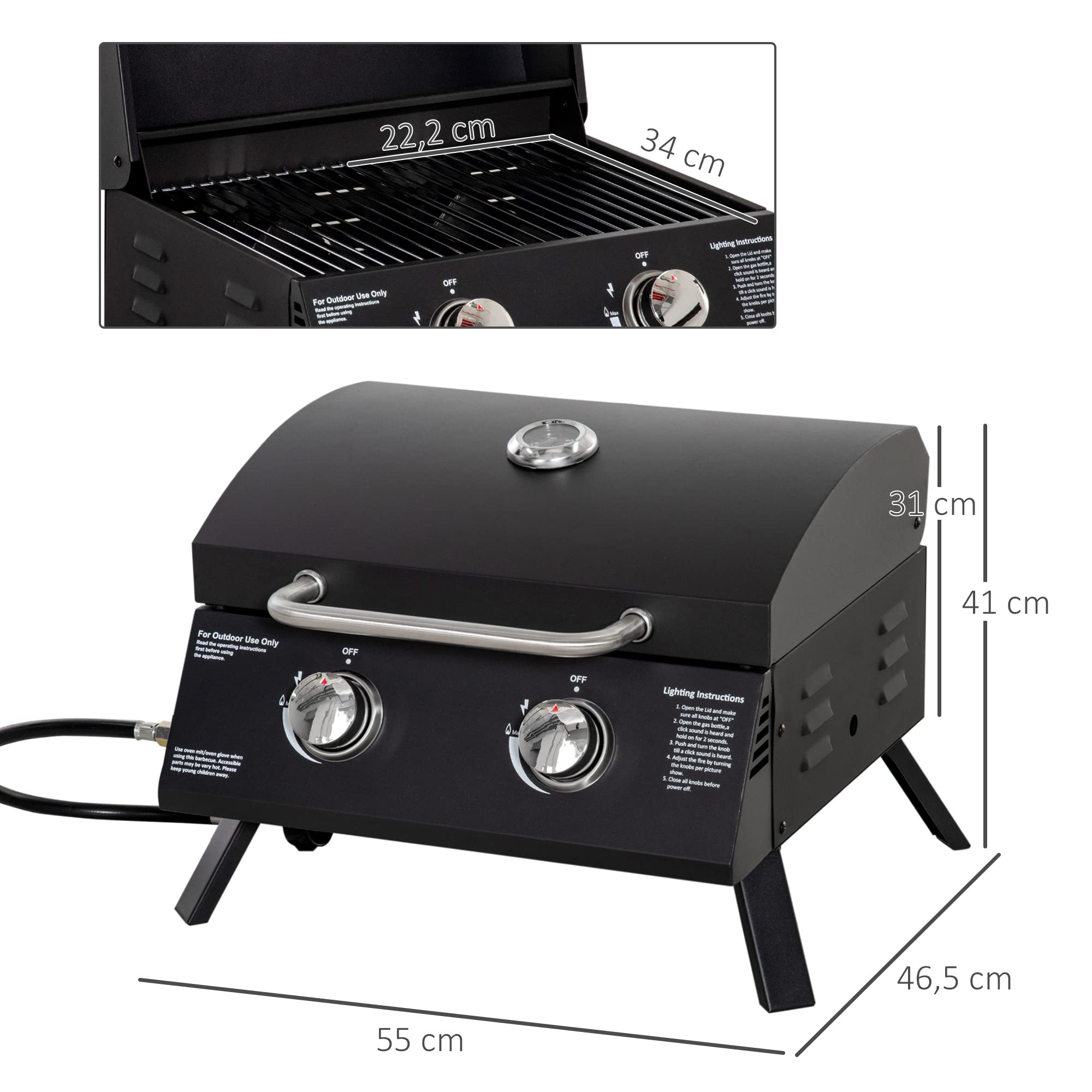 Outsunny Tischgrill Gasgrill BBQ mit 2 Brennern mobiler Grillwagen Grillnetz klein Outdoor Tischgasgrill Picknick mit Druckminderer Schlauch Edelstahl Schwarz 55 x 46,5 x 41 cm