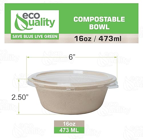 Miniatura 3 de Paquete de 25 Cuencos de papel compostables de 16 onzas con tapas, cuencos desechables de alta resistencia, bagazo natural ecológico sin blanquear,