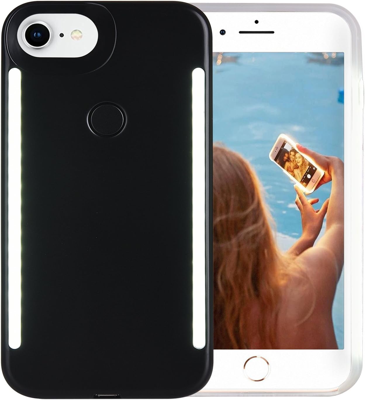Wellerly iPhone 8 Case, iPhone 7 Case, iPhone 6/6s Case, LED Illuminated Selfie Light Up [Rechargeable] Dual Luminous Flashlight Cell Phone Case Cover for iPhone 8/7 / 6/6s (Black)