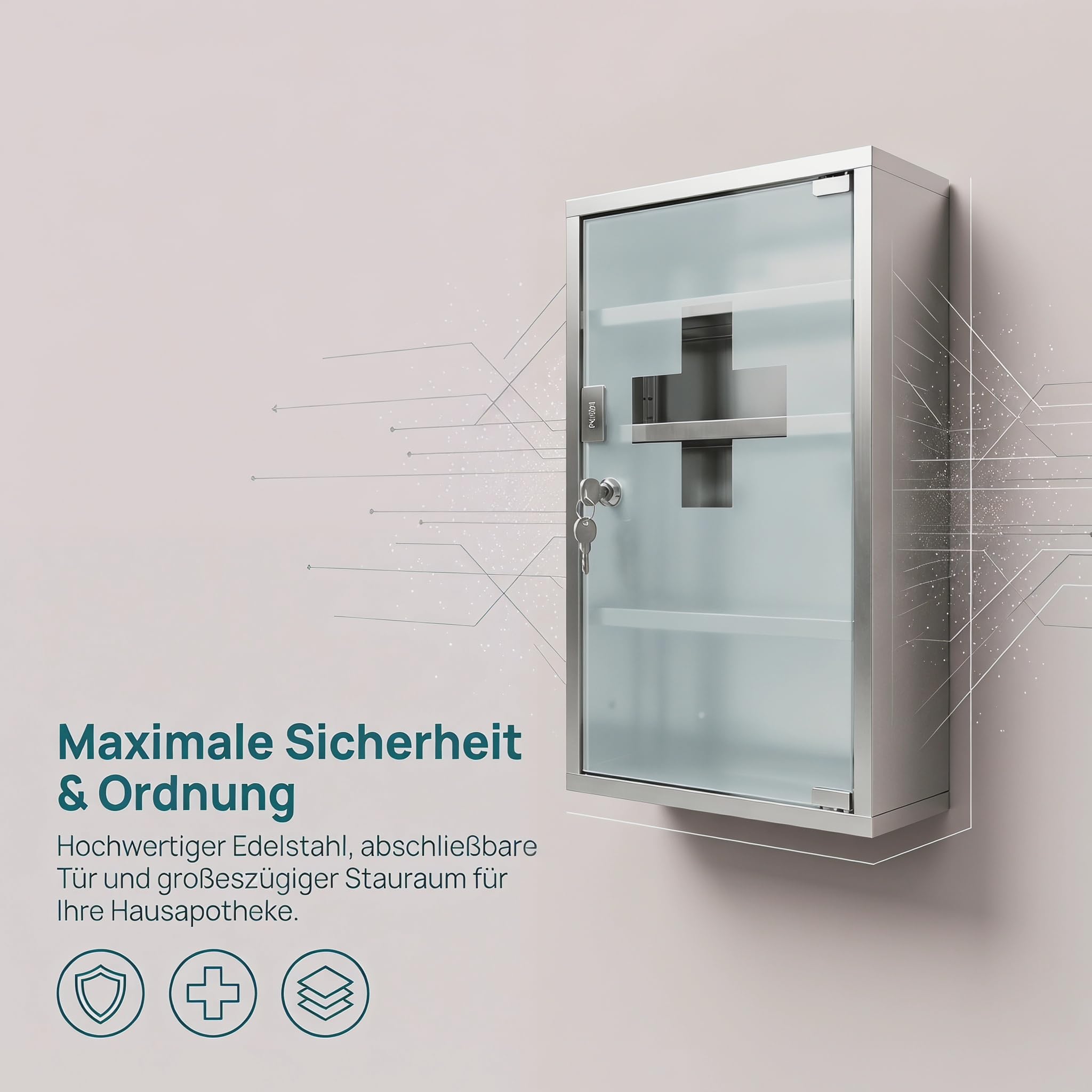 Medizinschrank Apothekerschrank mit Glastür, abschließbar inklusive 2 Schlüssel, Hängender Arzneischrank aus Edelstahl, 4 Fächer Gesamthöhe 57,5 cm