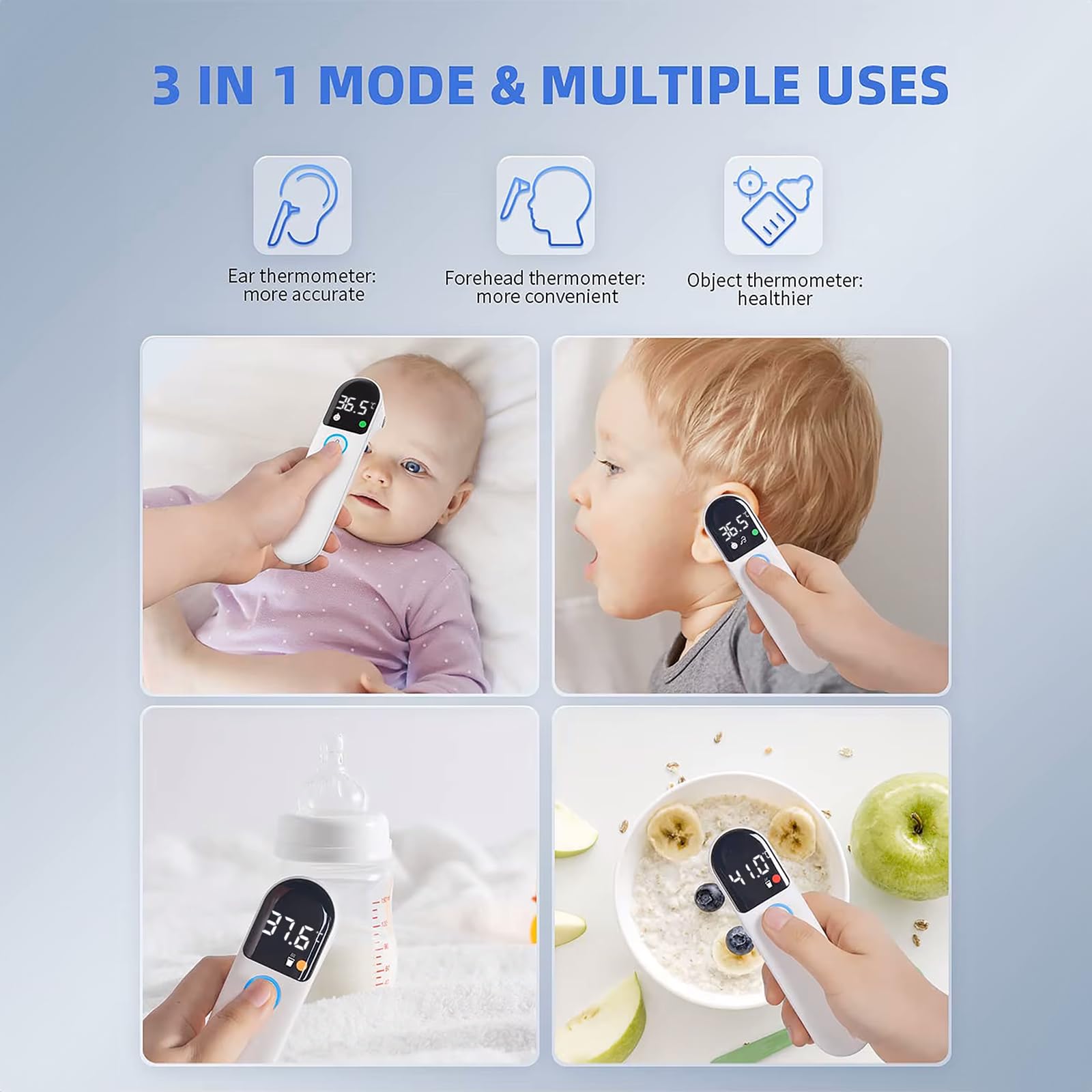 Thermomètre Frontal et Auriculaire Bebe et Adultes - Alerte Fièvre - Mesure Température Nourriture - Haute Précision - Écran LCD - Certifié CE et ISO13485 - Mémoire 32 dernières Mesures