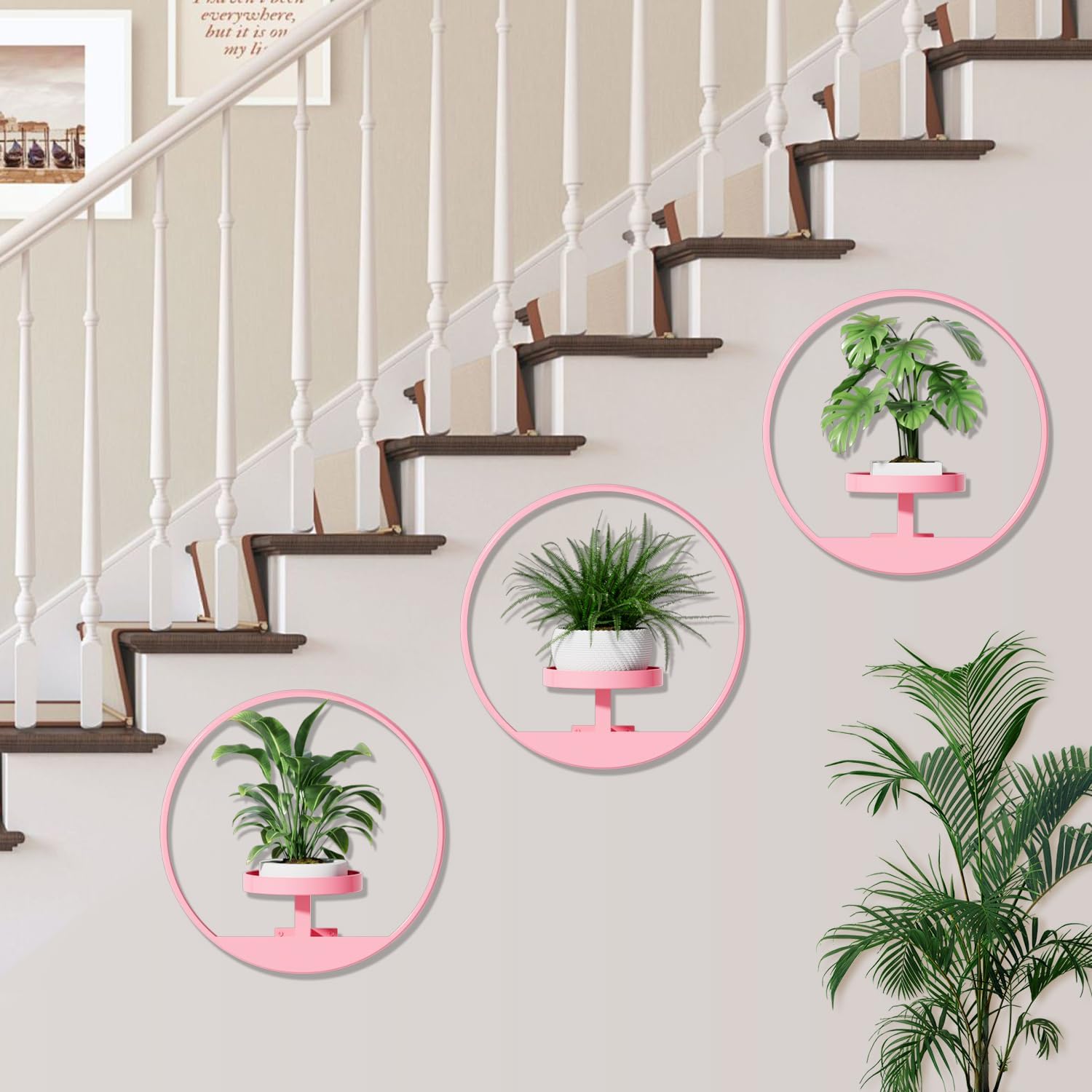 Metal Hanging Plant Stand Indoor, Art Frame Wall Decor Plant Shelf for Living Room, Entryway, Modern Flower Pot Holder for Home Aesthetic Decor, Garden Shears Included (Circle-Pink, 2pcs)