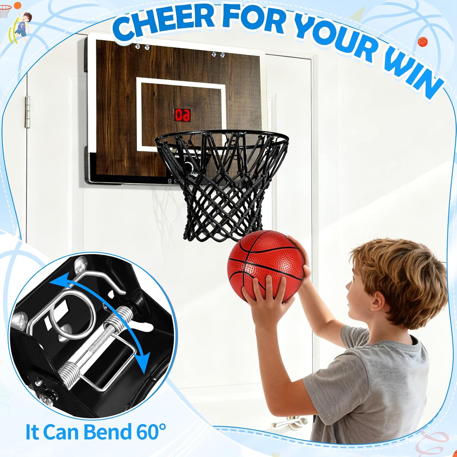 Indoor Mini Basketball Hoop Set – Over The Door with Wood Backboard & Iron Rim – Includes 2 Balls & Air Pump – Anti-Shock Padding – 16"x12"x3"