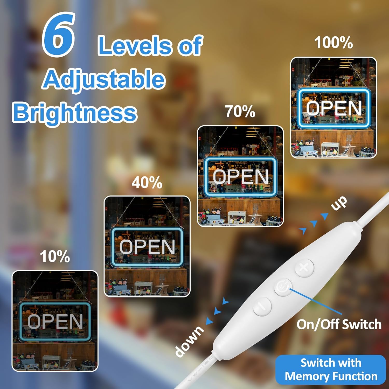 Open Signs for Business, 16''×9'' Bright COB Open Sign LED Powered by USB with ON/OFF Switch, Adjustable Brightness Neon Open Sign for Bars, Party, Window, Stores, etc (Ice Blue & White; Horizontal) - Image 5