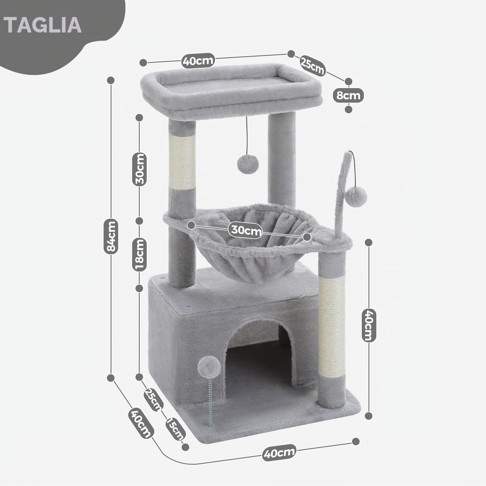 PAWZ Road Albero per gatti da interno con condominio super grande, torre per gatti con tiragraffi, grande amaca, palla penzolante e posatoio superiore, 79 cm, grigio