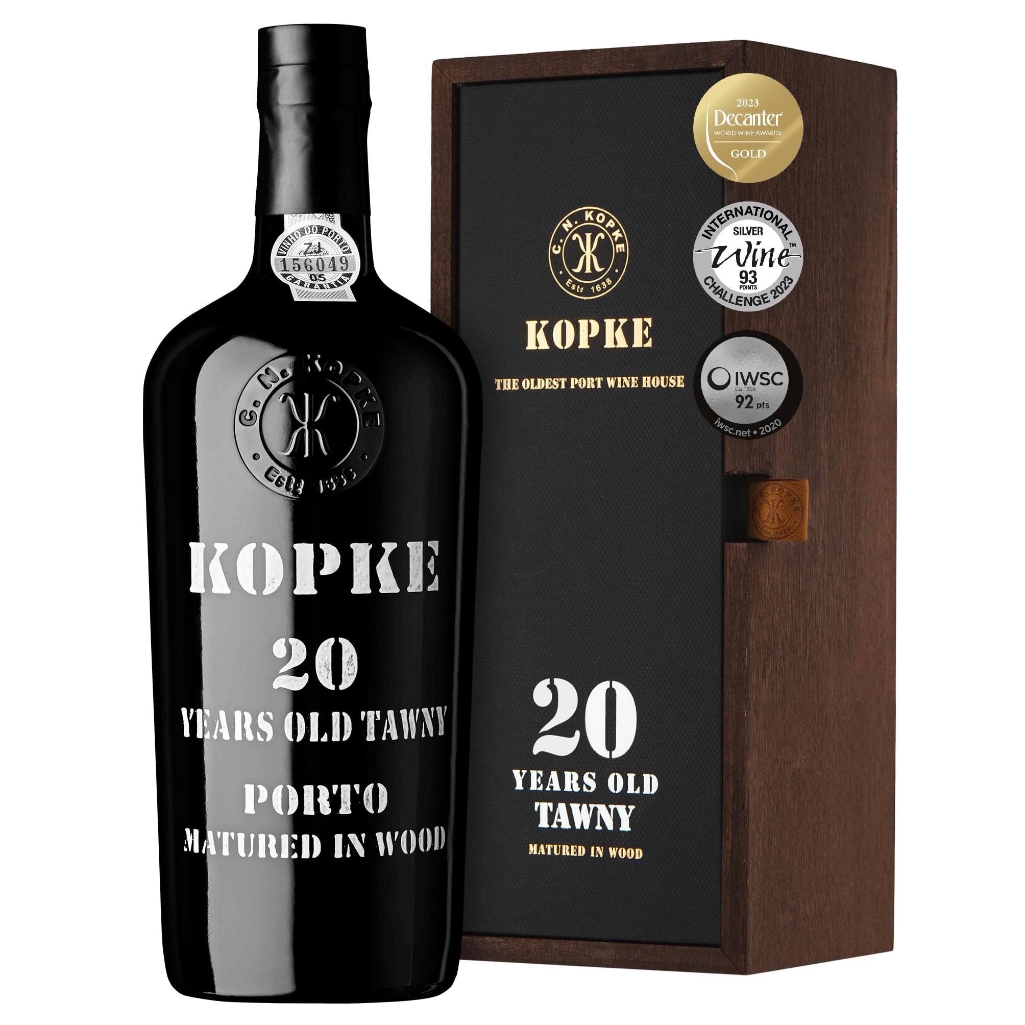 Kopke Tawny Portwein 20 Jahre alt - Exquisit im Holzfass Gereifter Portwein rot | Preisgekrönter Dessertwein | Elegante Flasche mit 0,75l, 20% Vol. in Geschenkkarton aus Holz