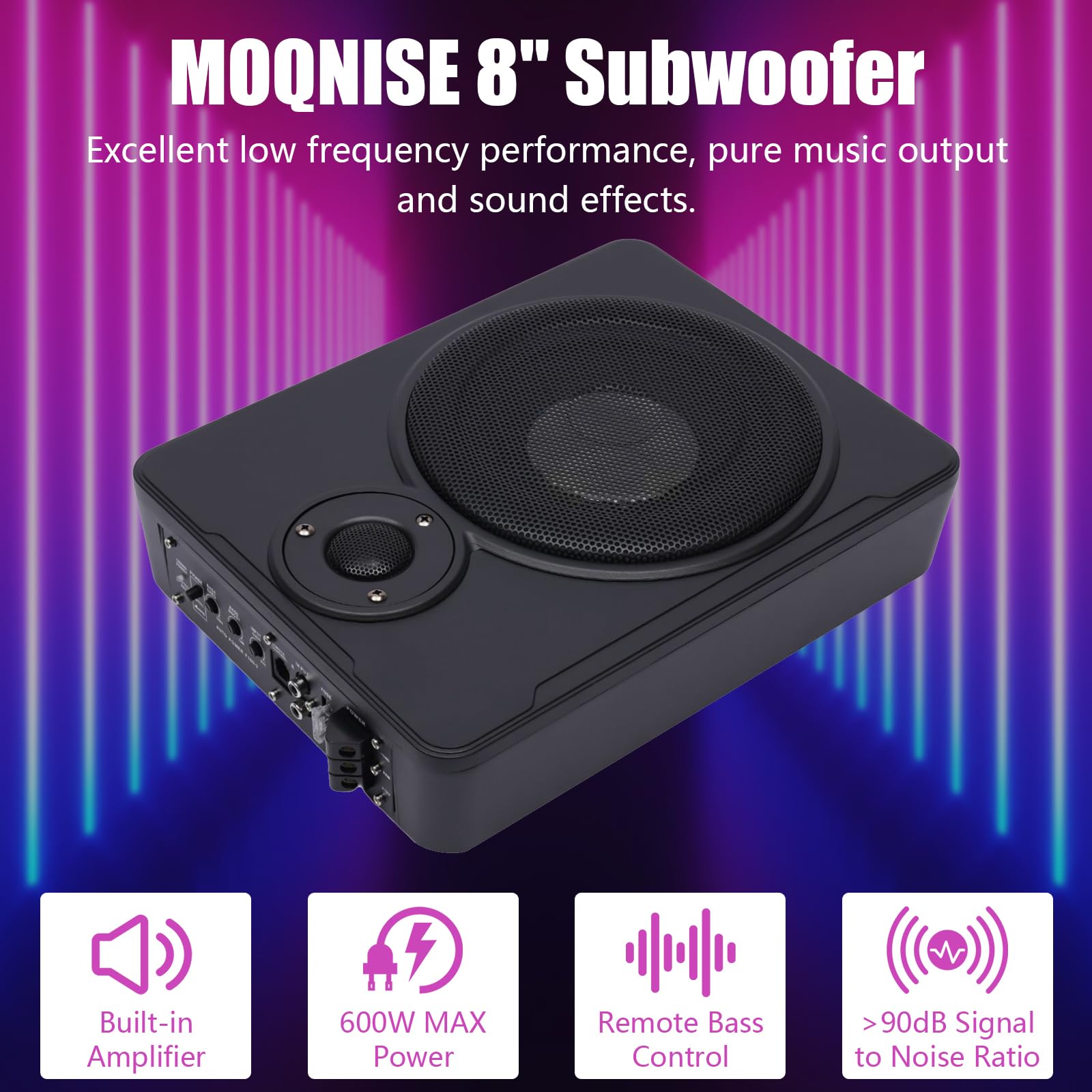 MOQNISE 8 Inch Subwoofer 600W Enclosed Active Underseat Car Audio Subwoofer with Built in Amp, Remote SubwooferControl Low-Profile Amplified SubwooferSystem for Car Audio