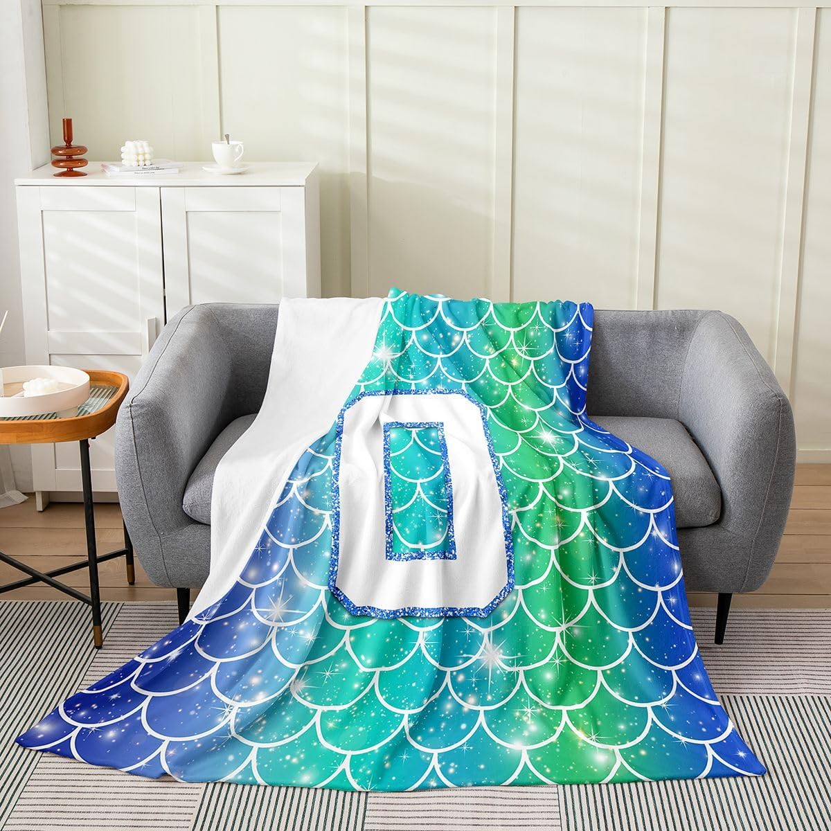 Erosebridal Kids Mermaid Scales Flannel Blanket Baby 30x40 Inch for Boys Girls | Customized Initial O Fleece Blanket Blue Green Dragon Scales Fuzzy Plush Throw Dreamy Glitter Sparkle Print Decor