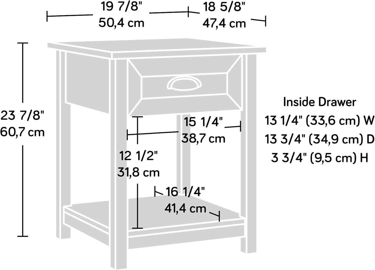 Diagram showing the dimensions of the Sauder County Line Side Table/Night Stand.